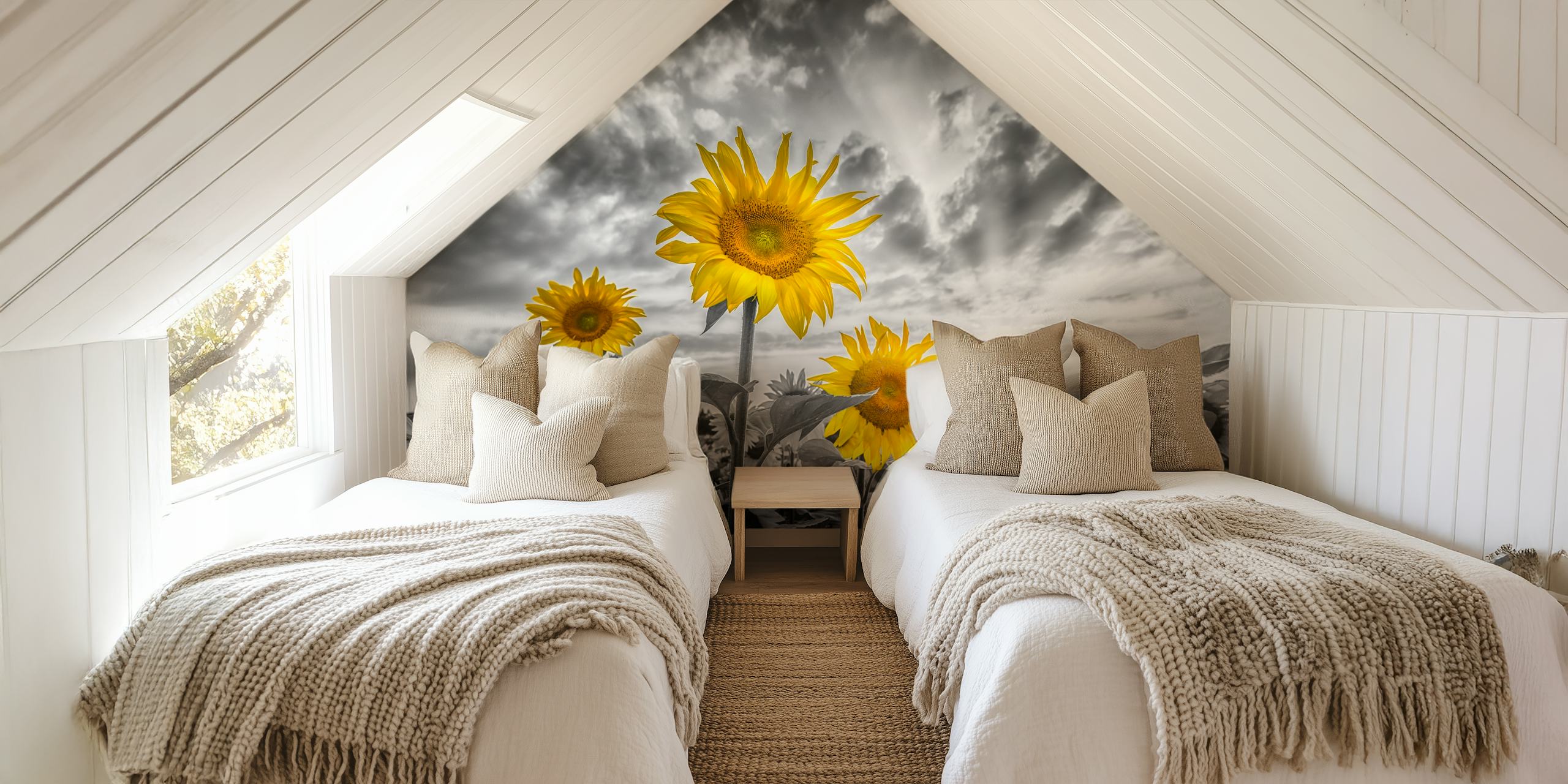 Colorful sunflower wallpaper in a room