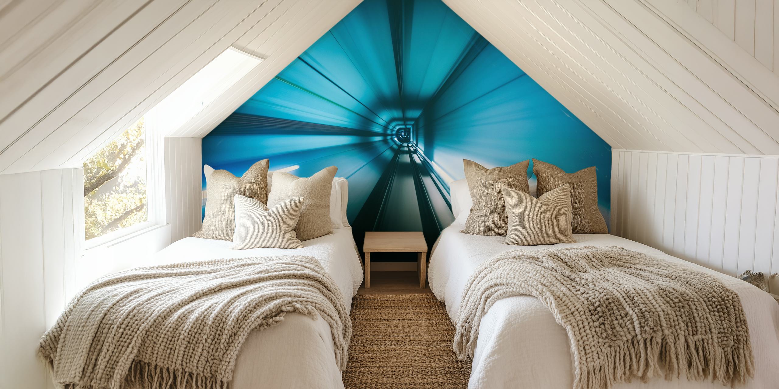 Moody Warp wall mural depicting a tunnel vision effect with deep blue tones and dynamic light streaks
