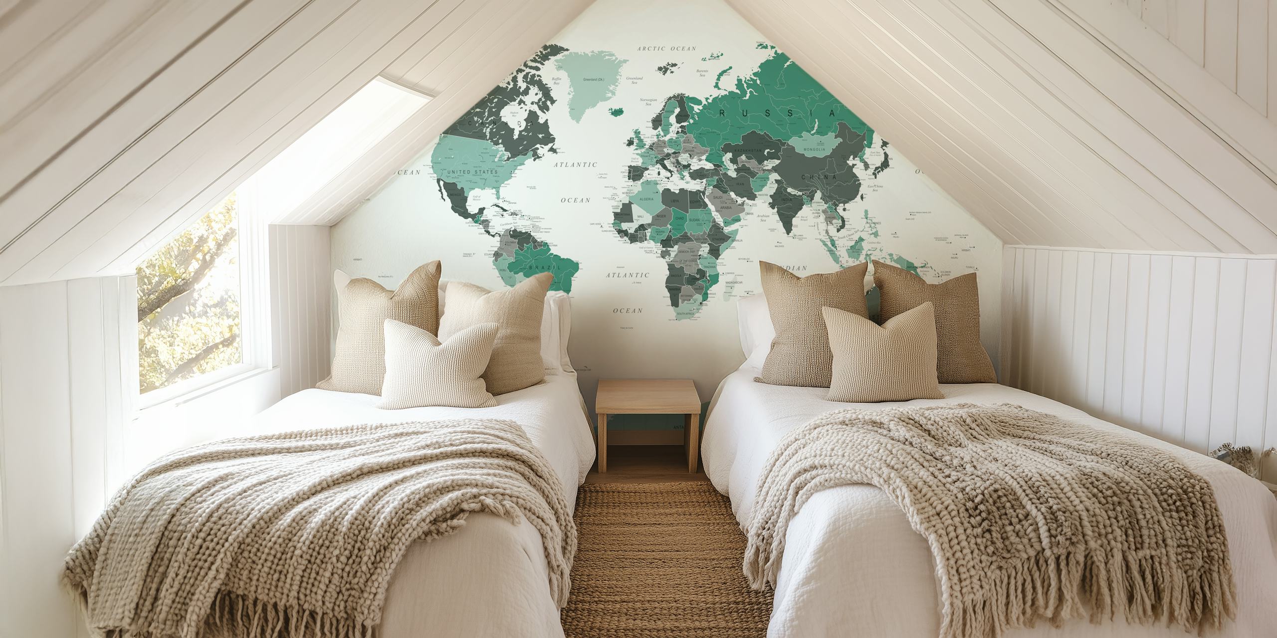 World Map Hunter Green wallpaper in a room
