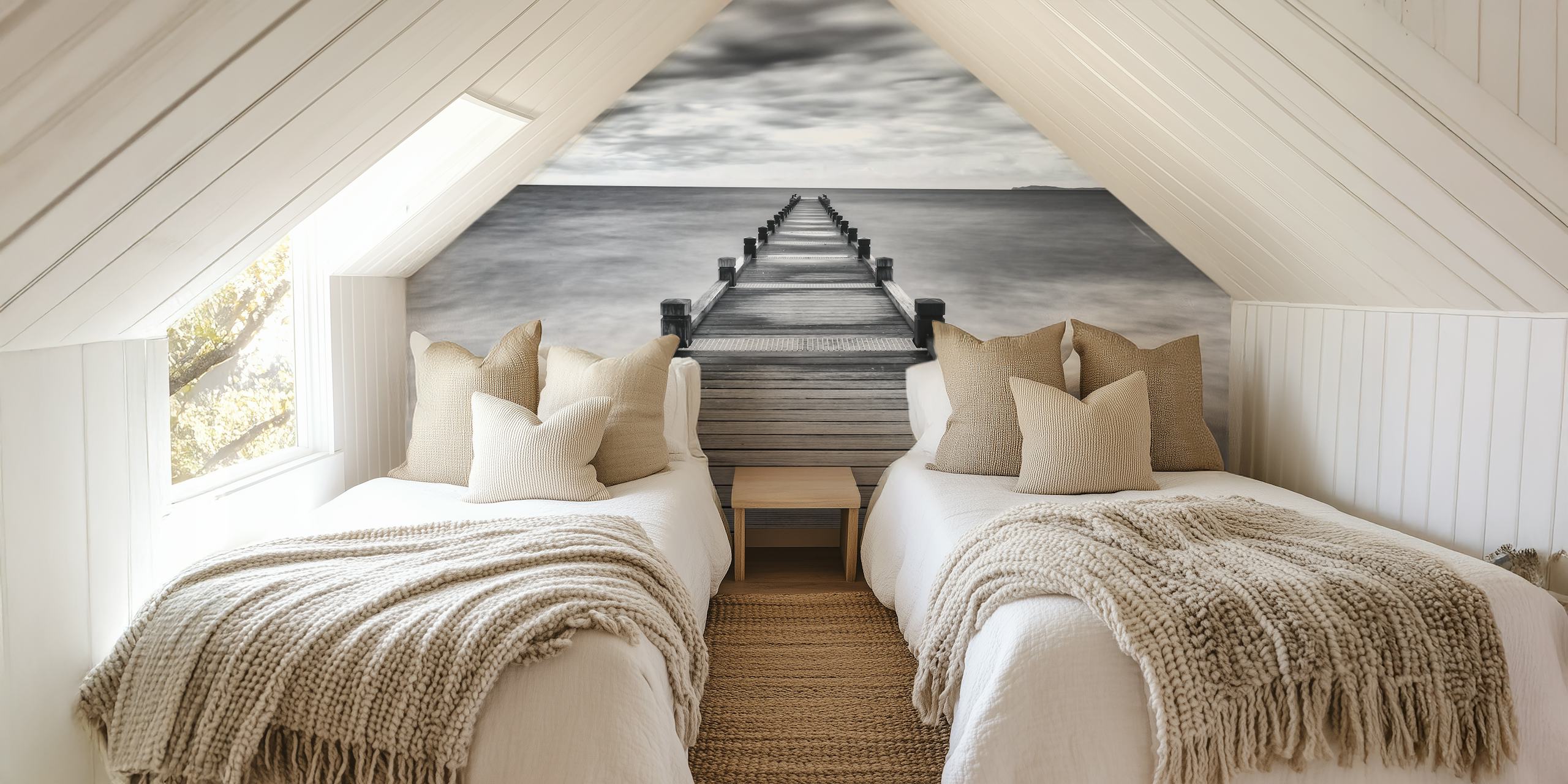 Black and white dock pier leading into the ocean wallpaper