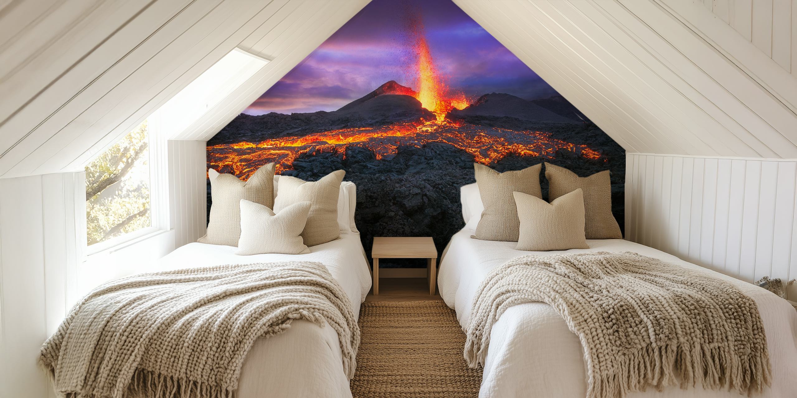 Volcanic eruption with glowing lava and dark rocky landscape wallpaper
