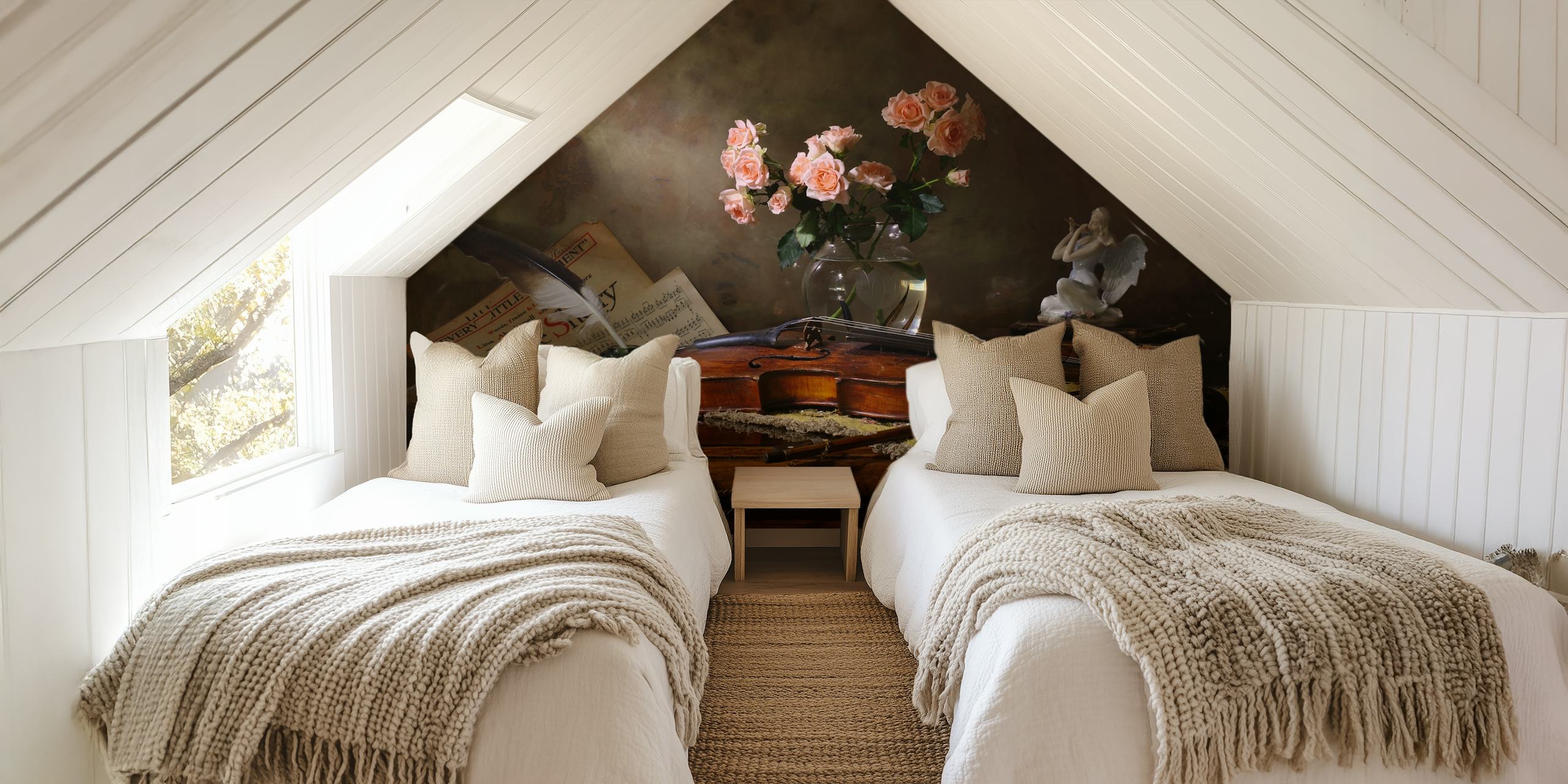 Still life wall mural featuring a violin and roses with a vintage feel