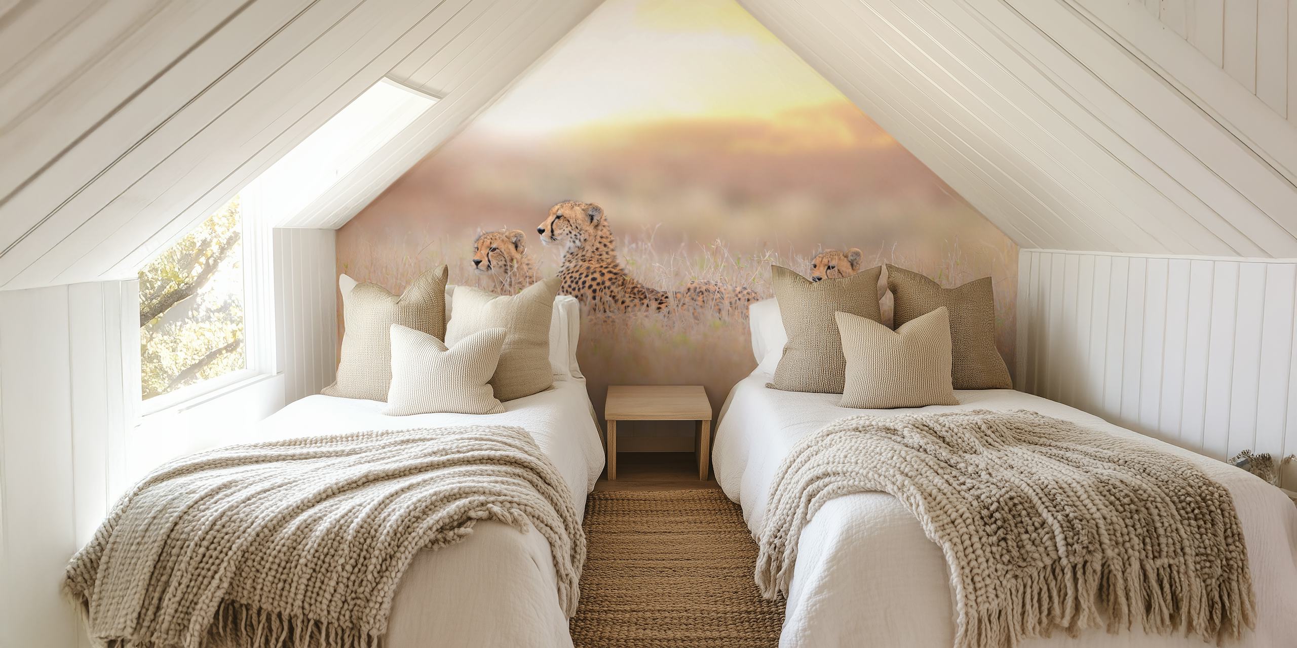 Cheetah mother and cubs wall mural in golden savannah grass