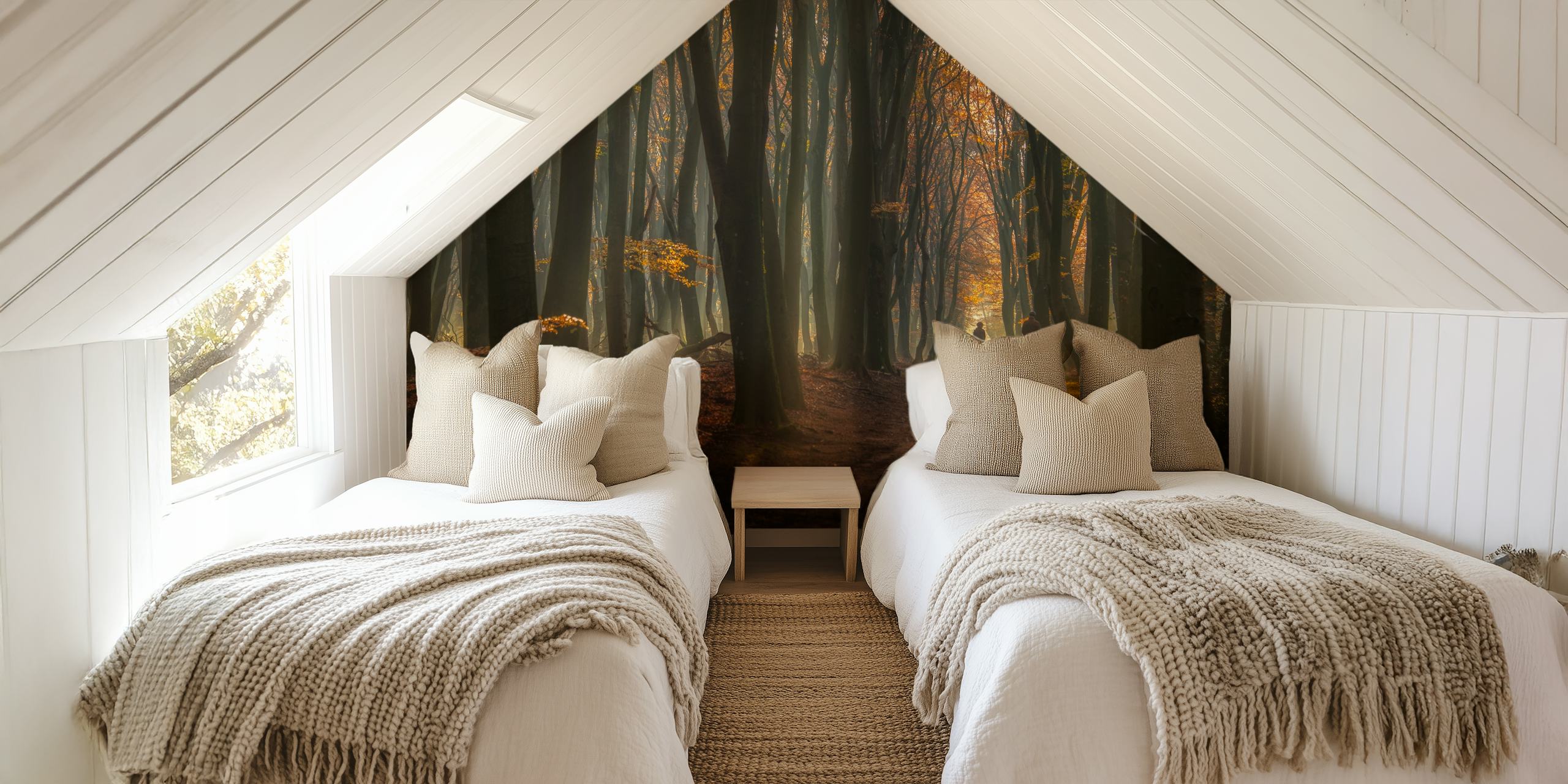 Forest pathway with autumn foliage and distant figures wallpaper