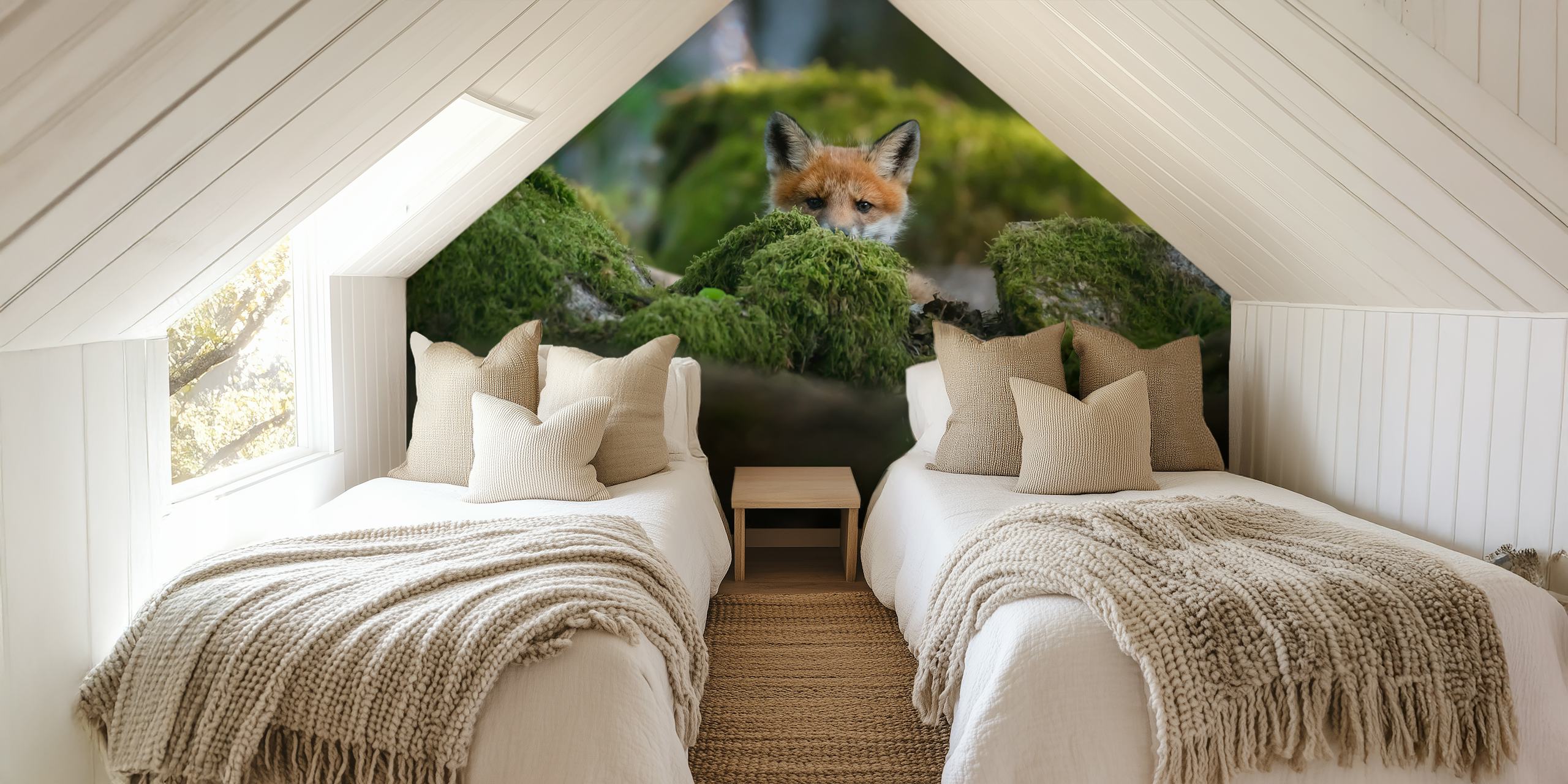 Zidna slika radoznale lisice koja viri iz tla obraslog mahovinom u šumi