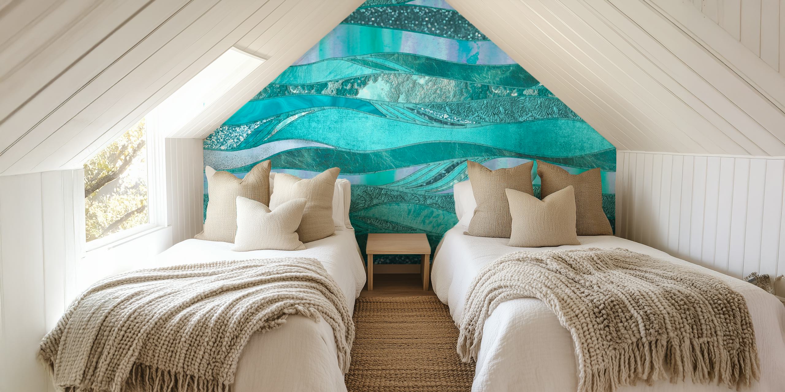 Elegant aqua- och krickafärgad tapet med en skimrande glamorös design