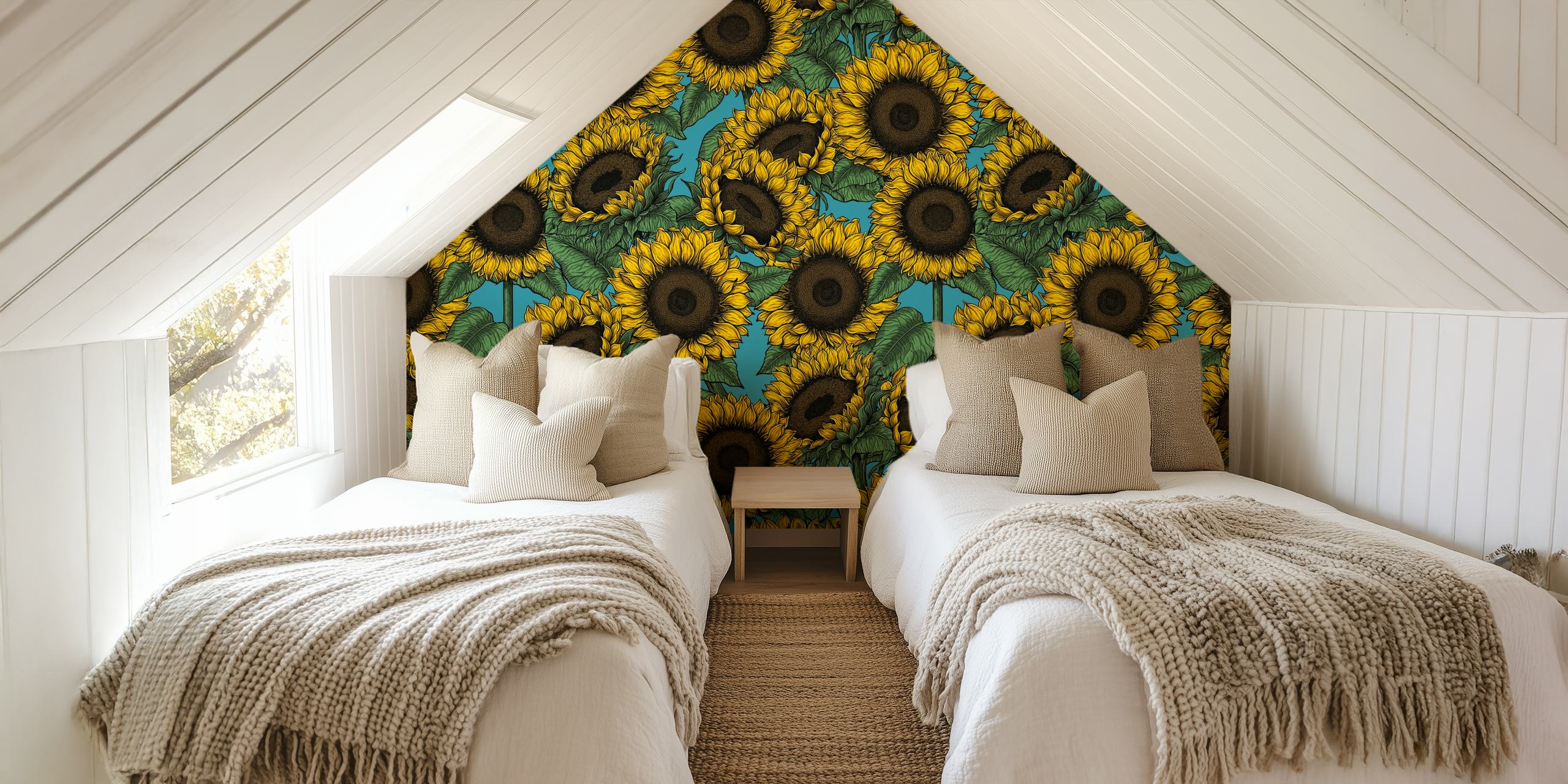 Vibrante carta da parati con girasole con uno sfondo ricco e contrastante, perfetto per aggiungere un tocco floreale a qualsiasi stanza.