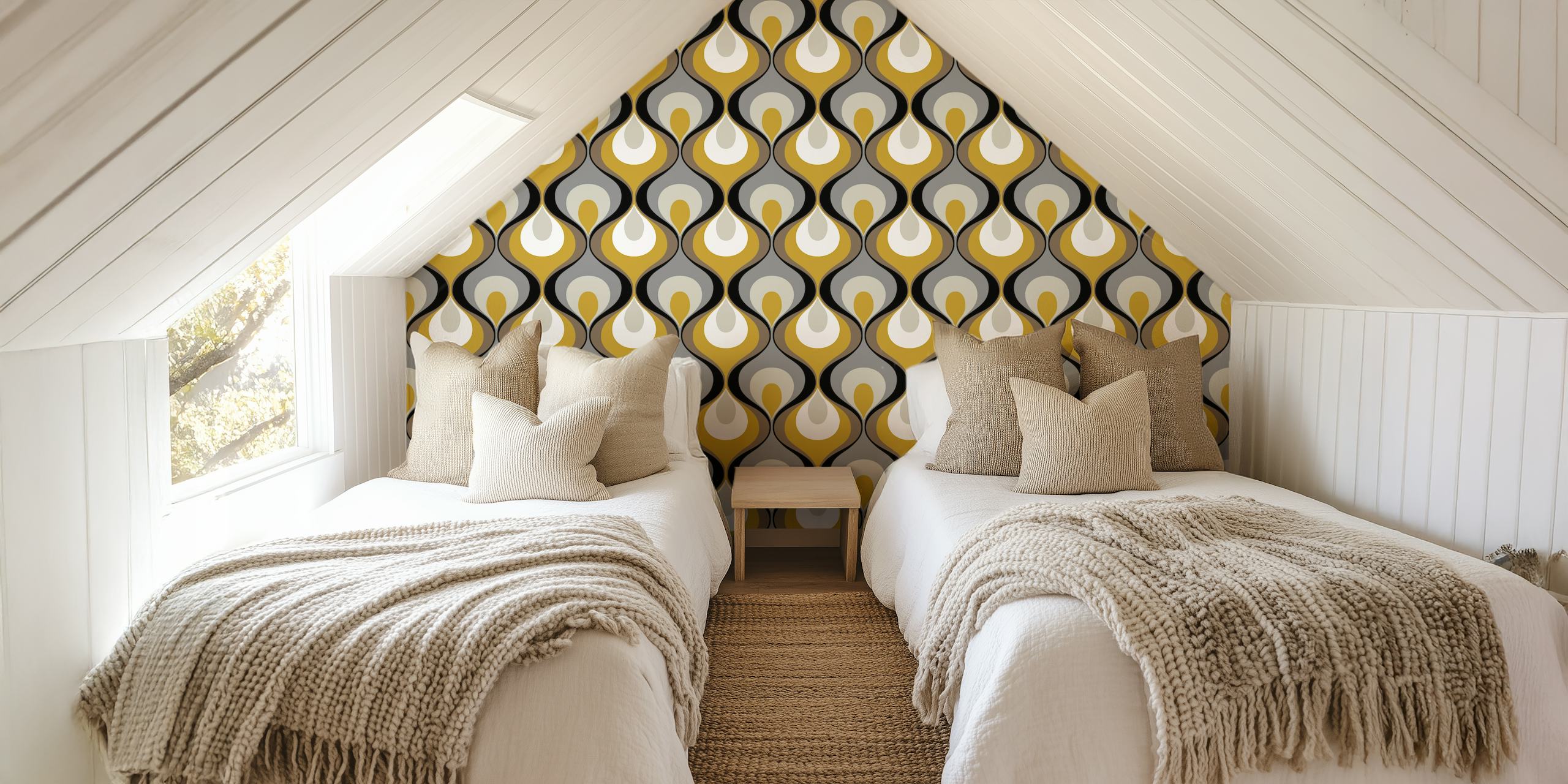 Retro teardrop pattern in gold, grey, and white wallpaper