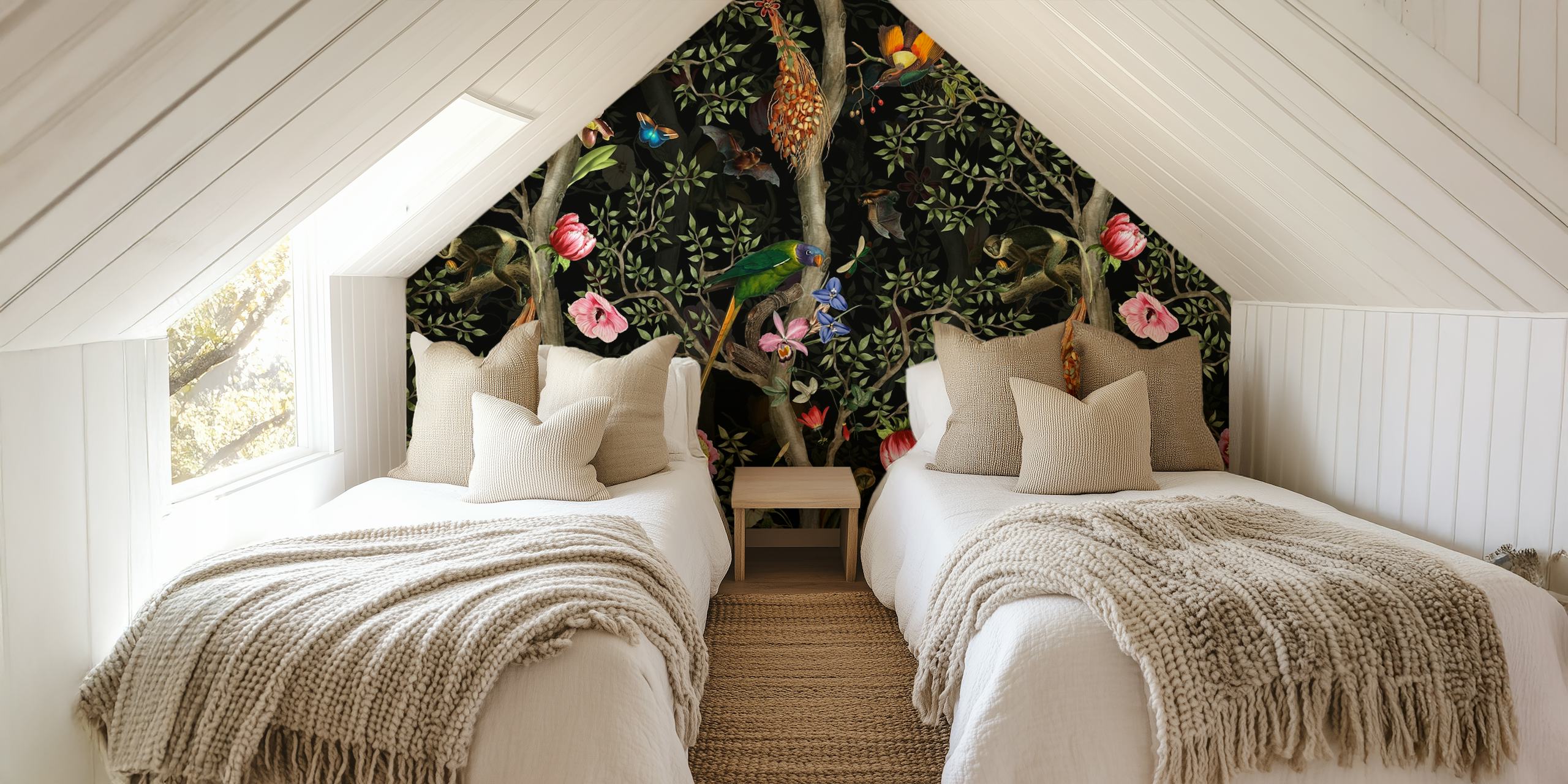 Chinoiserie fotobehang met tropische vogels en bloemmotieven op een donkere achtergrond