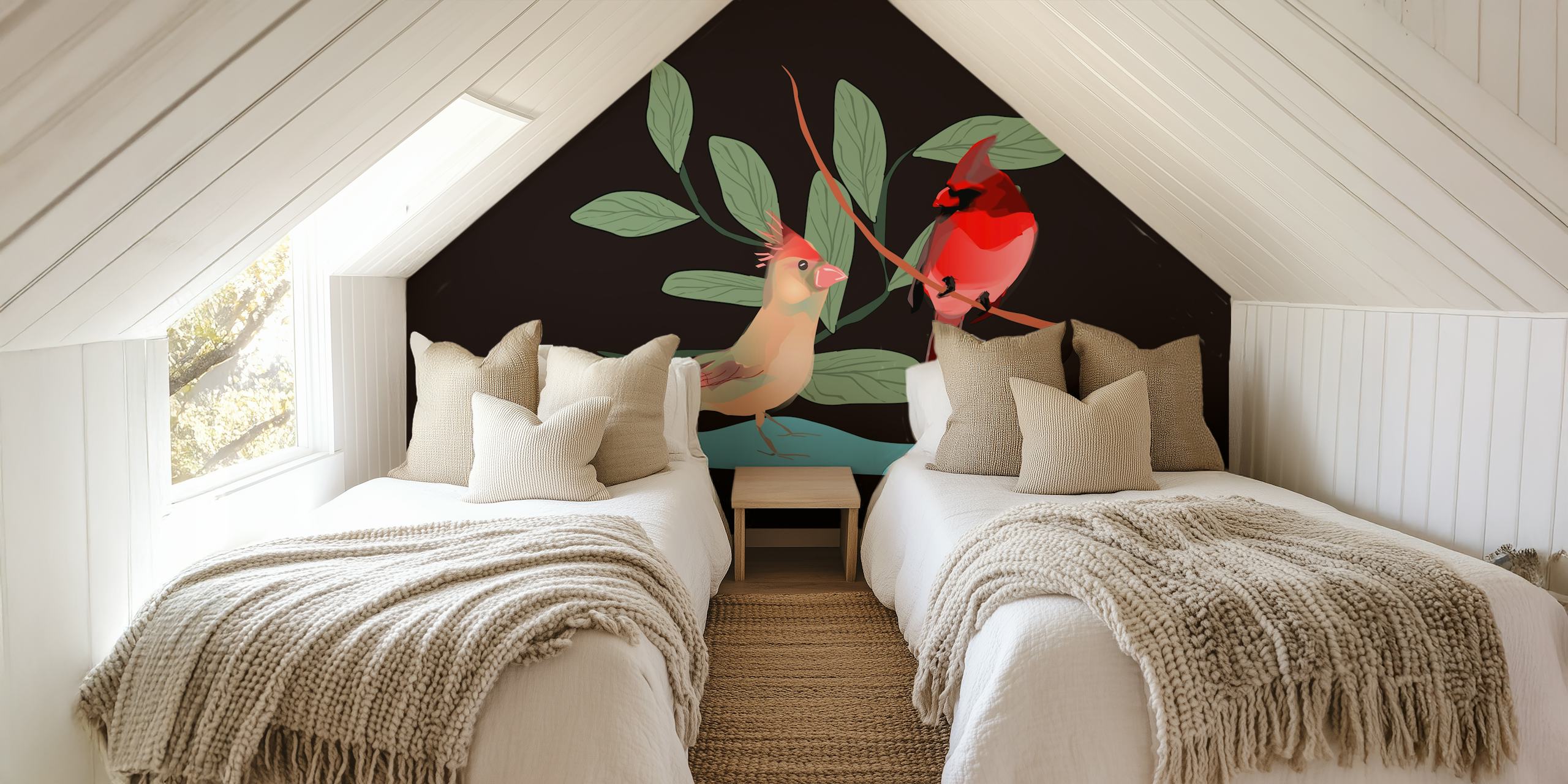 Two tropical birds on branches with green leaves against a black background wallpaper