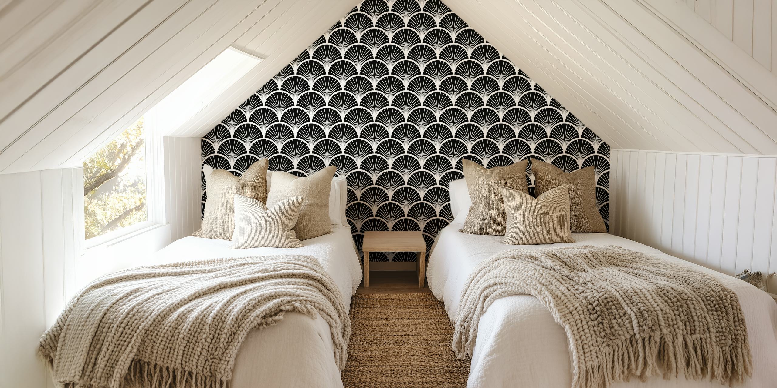 Black and white fan pattern wallpaper in Art Deco style