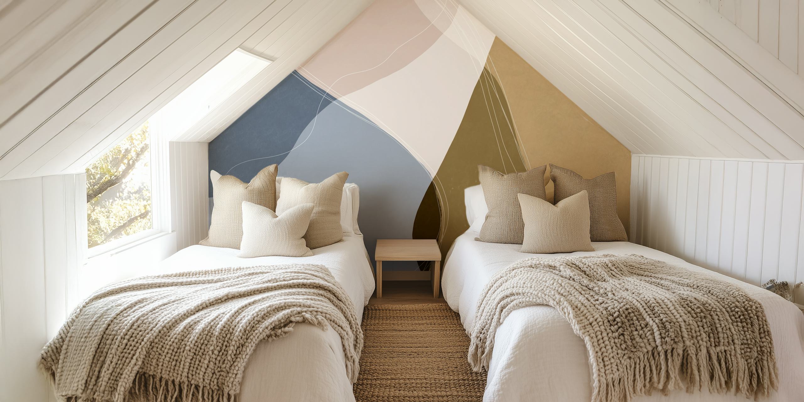 Modern abstract geometric wall mural in blue, pink, and neutral tones