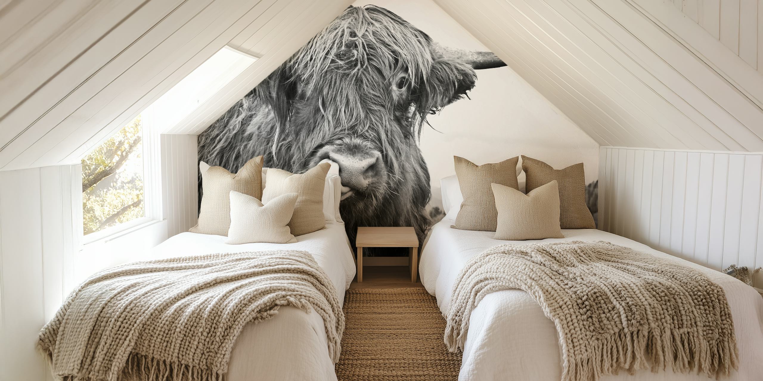 Highland cow with long hair and horns black and white wallpaper