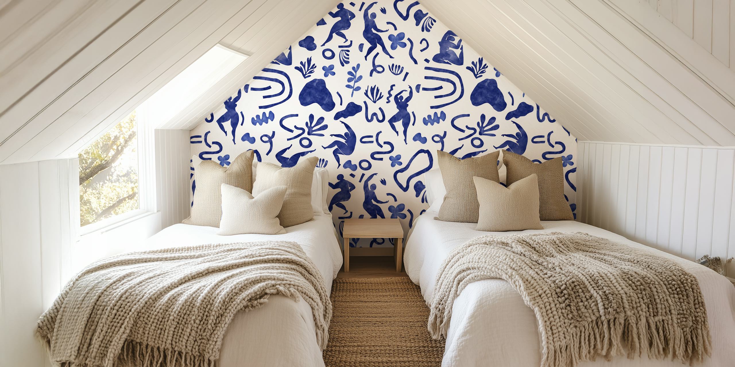 Abstract women and nature pattern wall mural in indigo blue