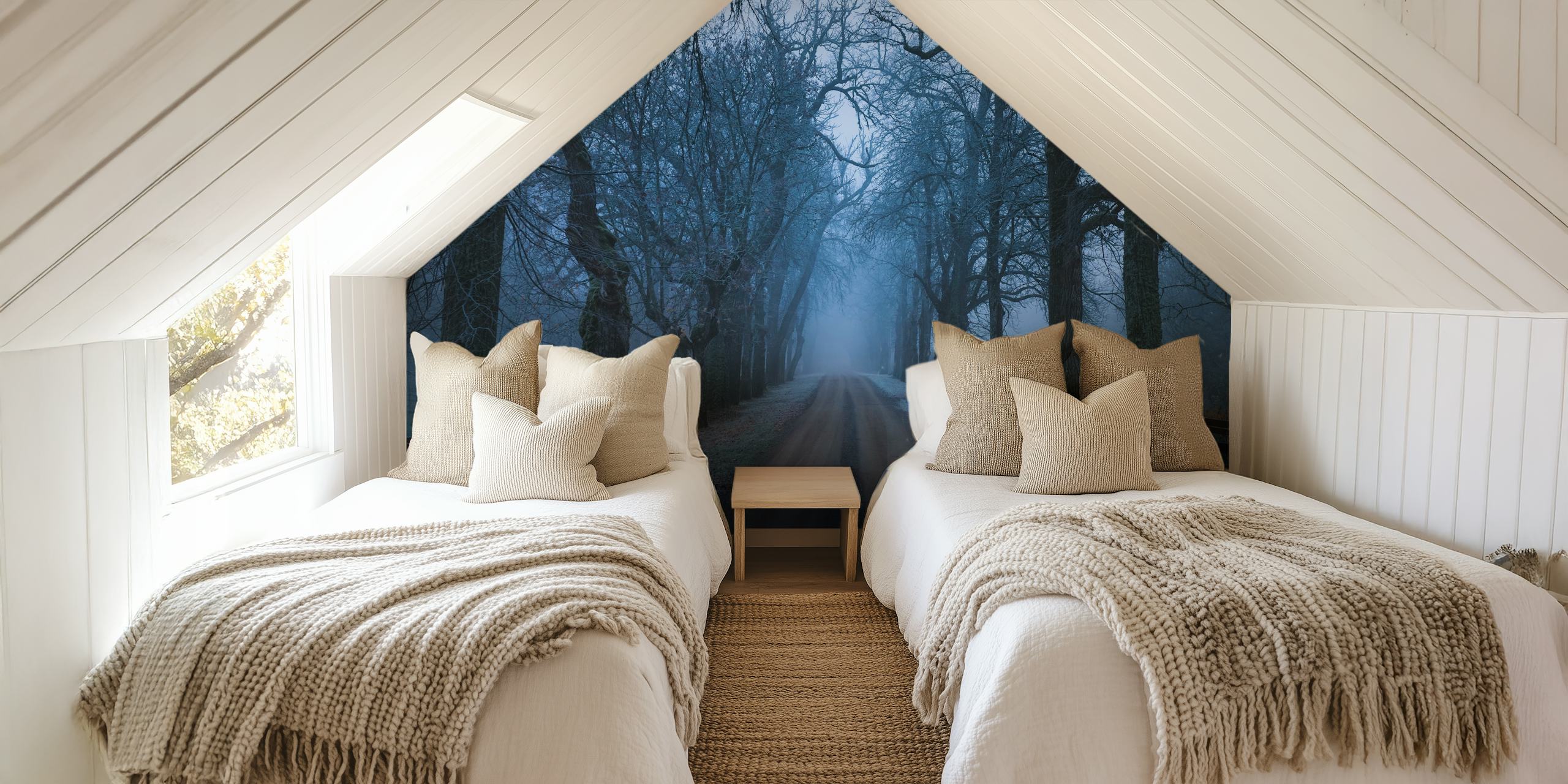 Sleepy Hollow wall mural depicting a serene, tree-lined pathway shrouded in mist