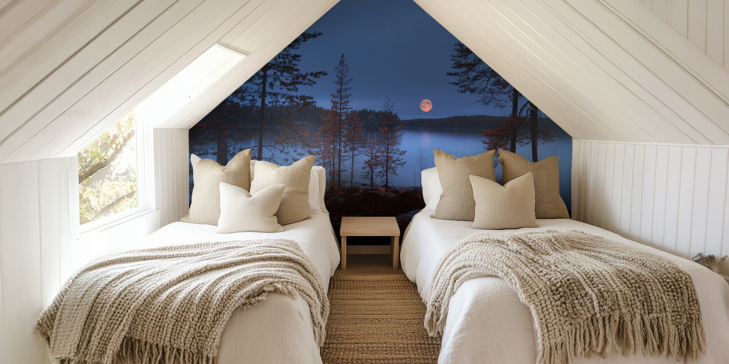 Moonlit landscape with red moon, trees, and water wallpaper