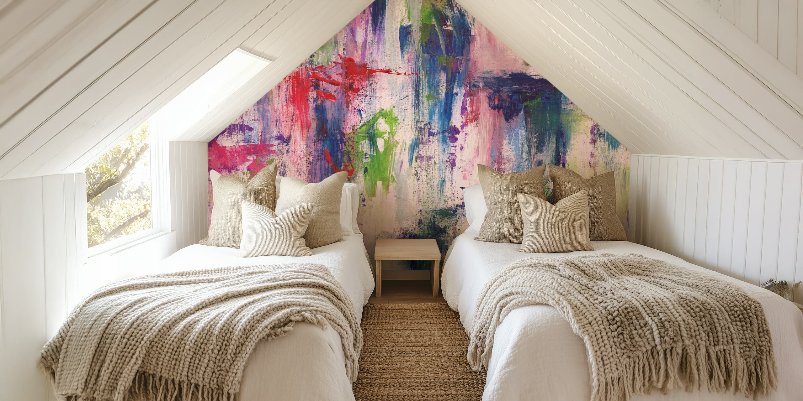 Abstract wall mural with a blend of red, green, and pastel brush strokes