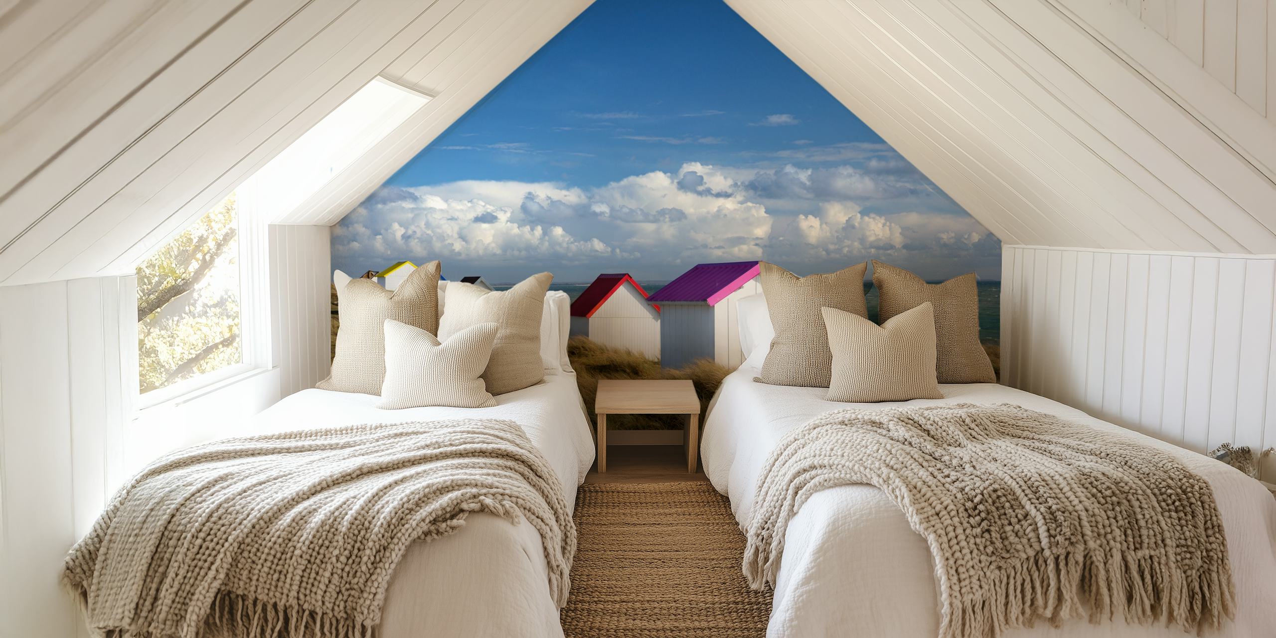 Beach huts in various colors against a blue sky wallpaper