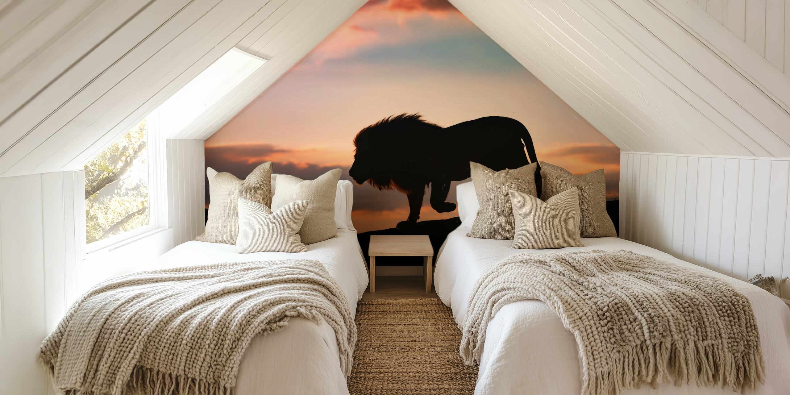 Lion silhouette against a sunset with orange and purple hues wallpaper