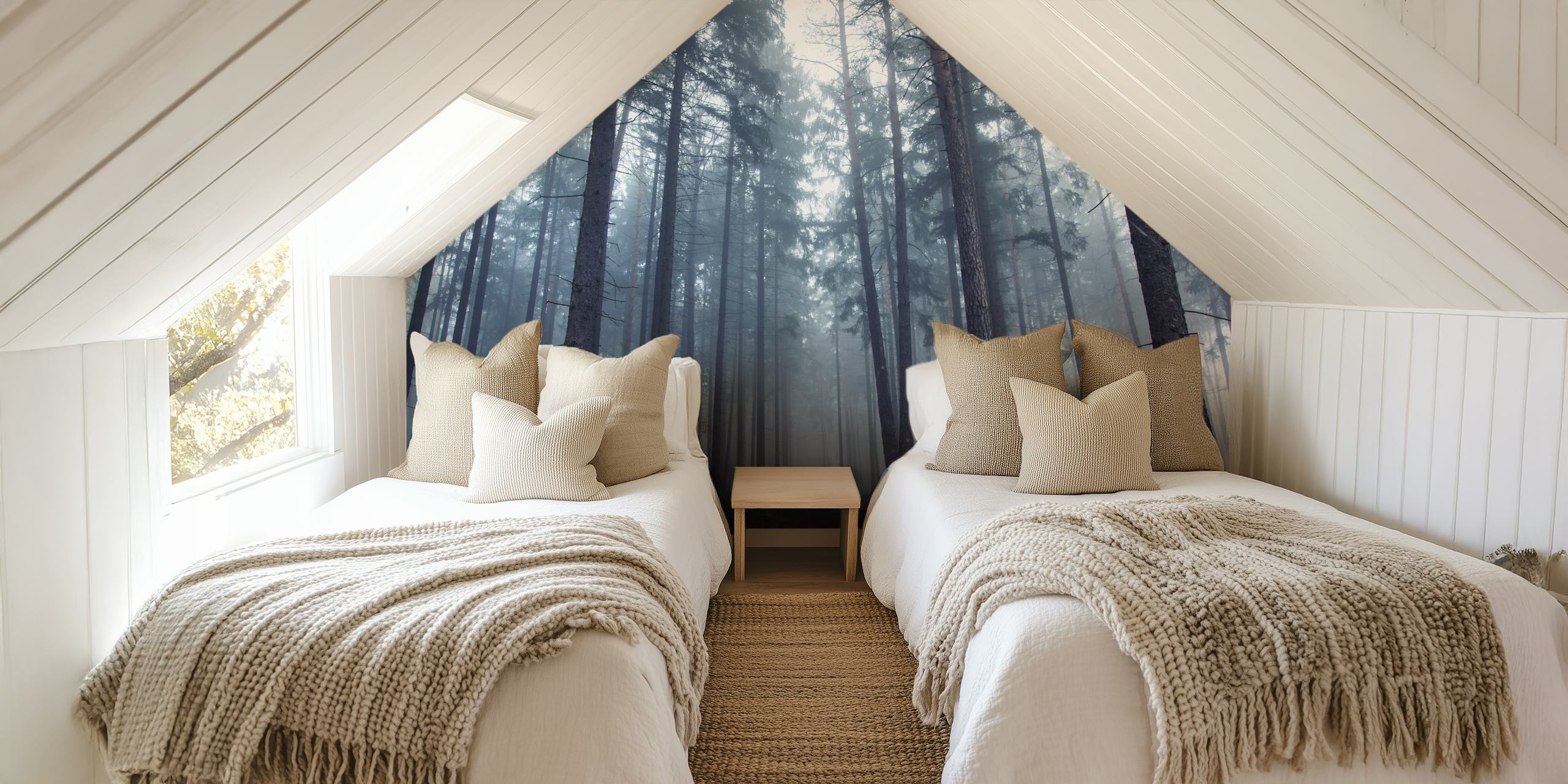 Foggy forest with tall trees and misty atmosphere wallpaper