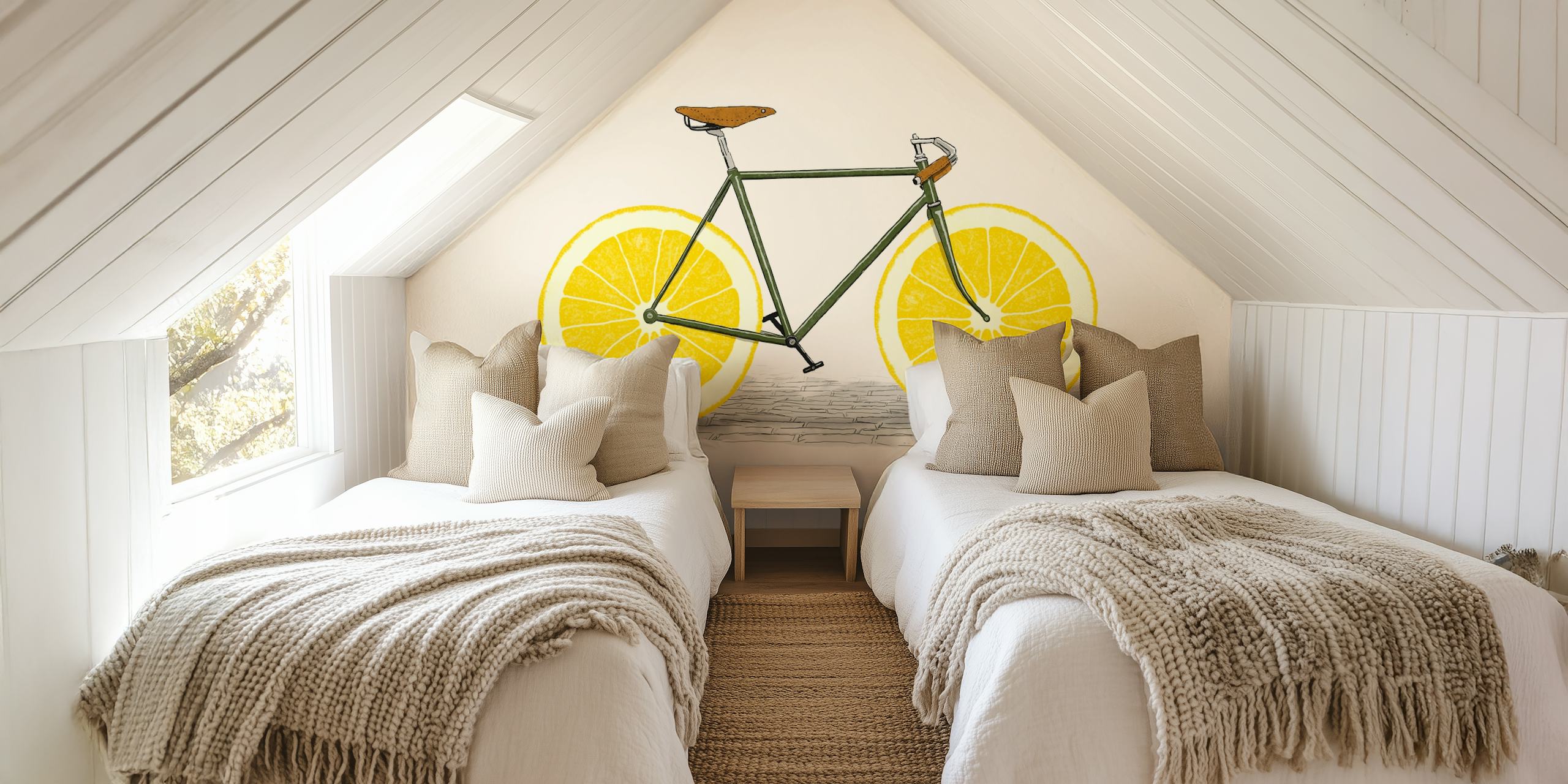 Illustration of a bicycle with lemon wheels on light background wallpaper