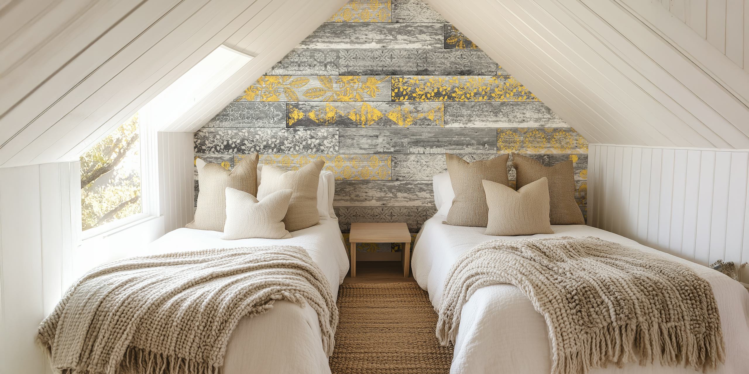 Vintage Wood Tiles Grey Yellow wallpaper in a room