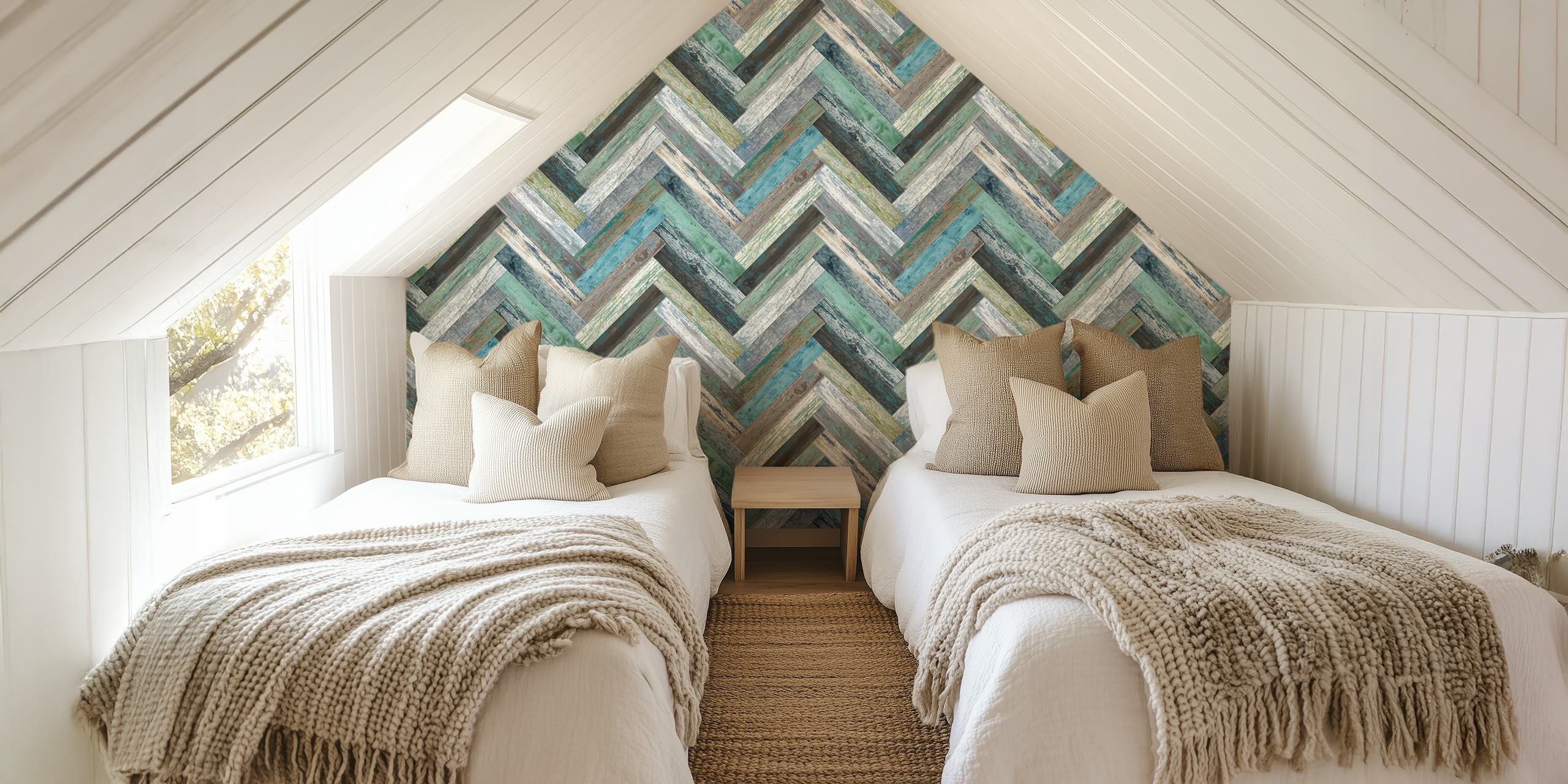 Wandbild „Chevron Wood Green Blue“ mit einem Chevron-Muster in Blau- und Grüntönen.
