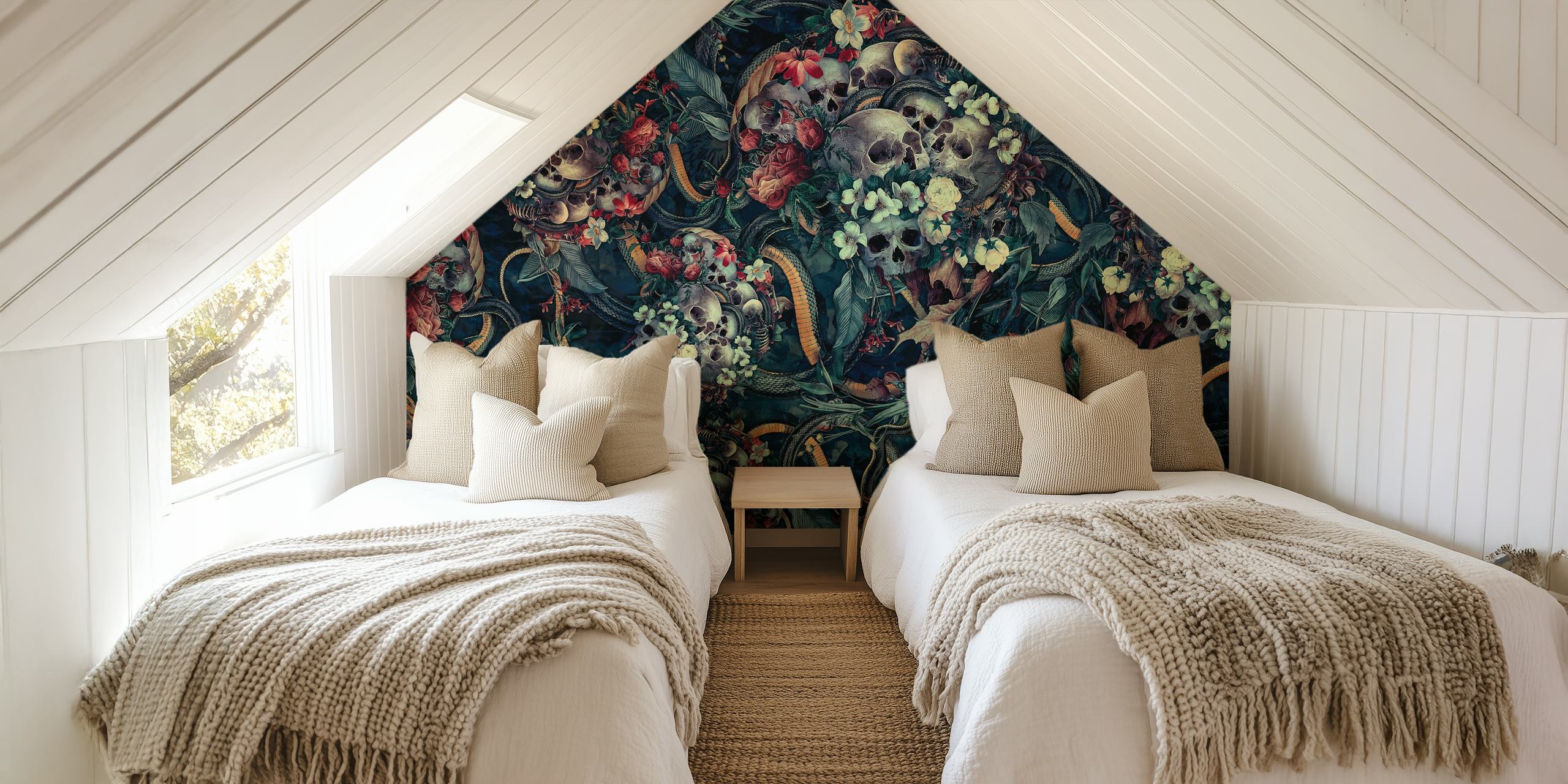 Skulls, snakes, and flowers in dark colors wallpaper