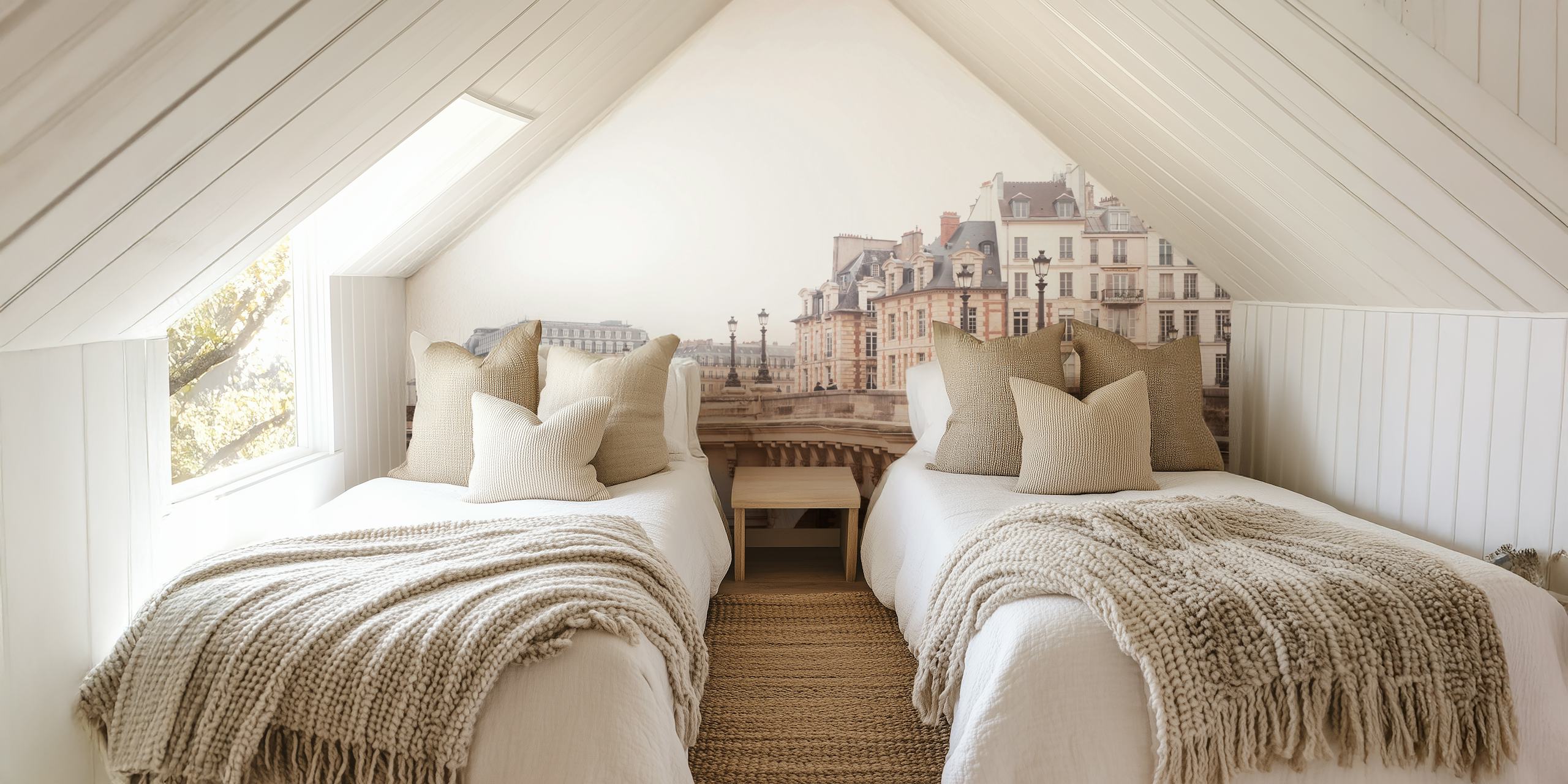 Paris city bridge with historical buildings, neutral colors wall mural