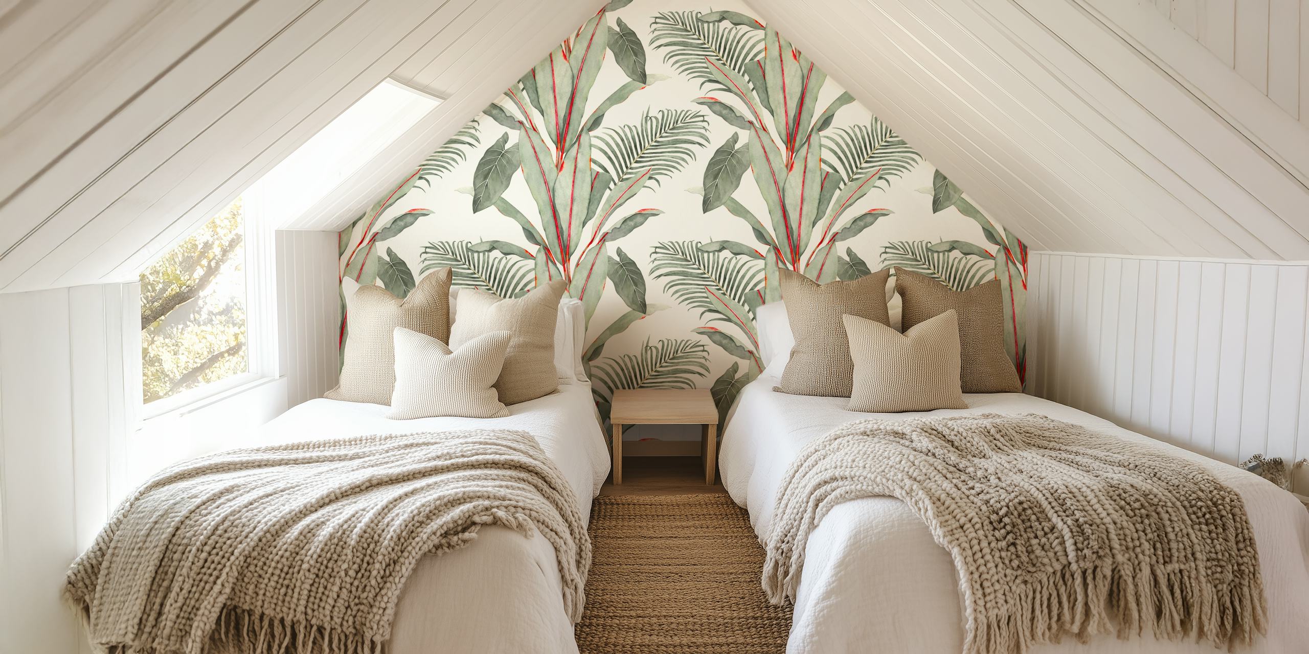 Tropical banana palm leaves in green and red tones wallpaper