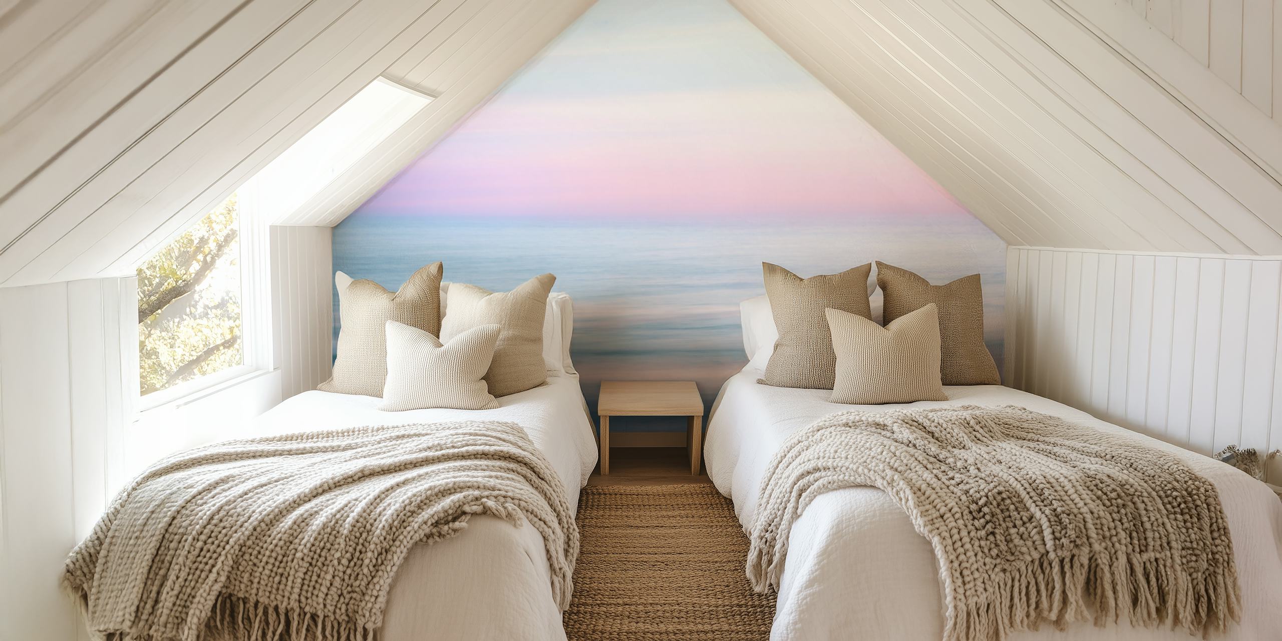 Blurred ocean and sky wallpaper in a room