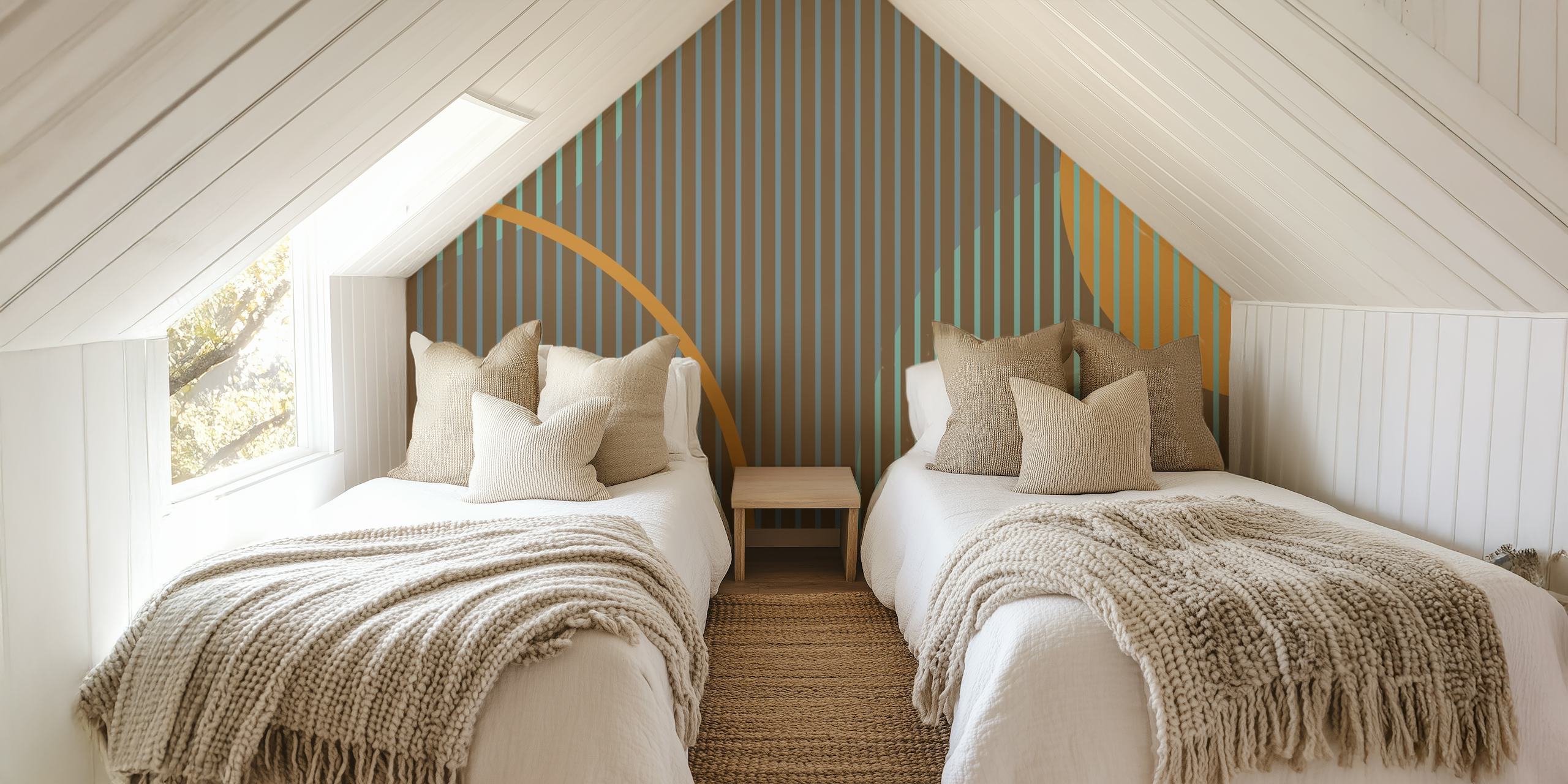 Geometric pattern with ochre, earthy brown, and blue stripes wallpaper
