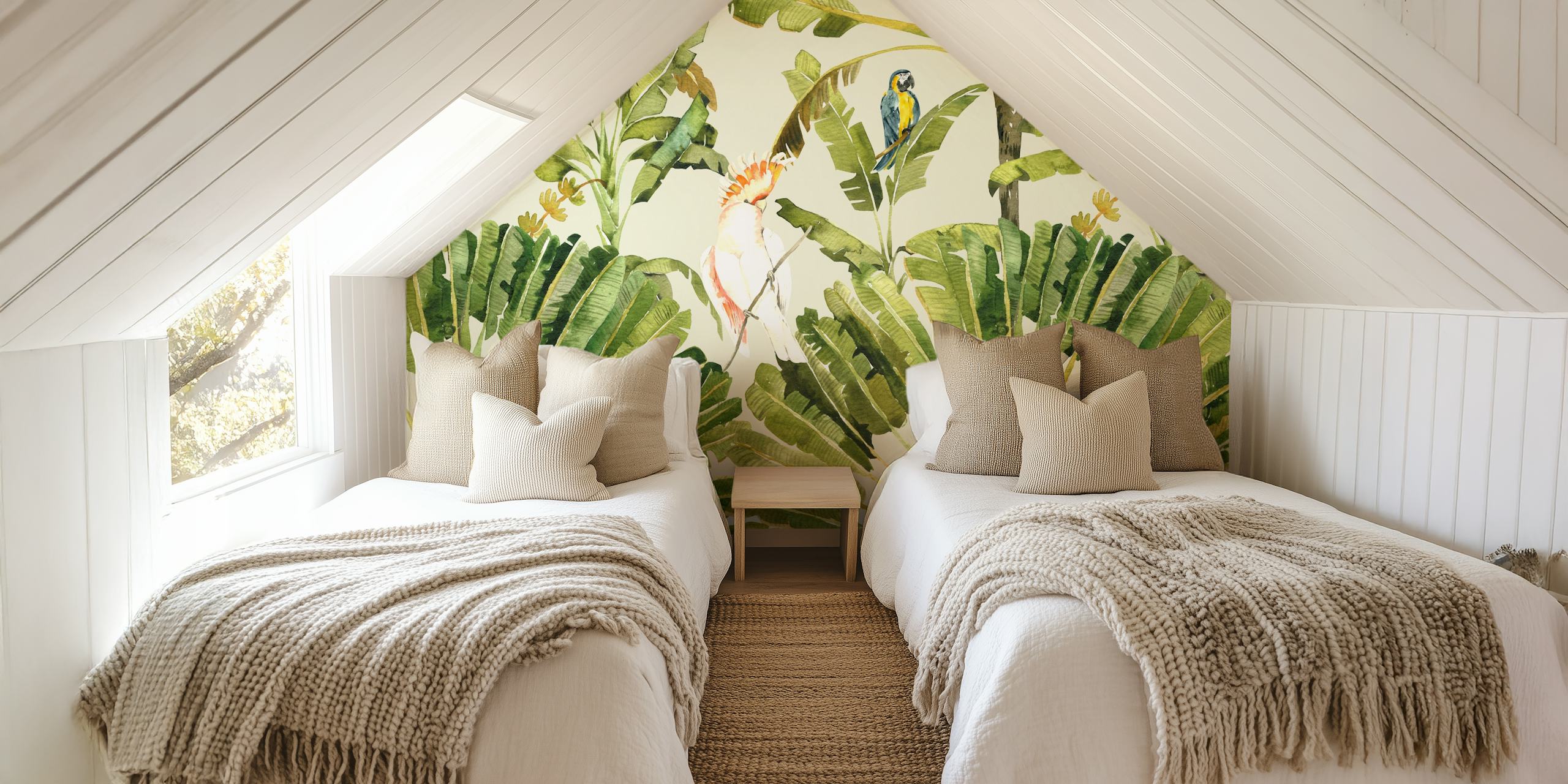 Tropical birds and green palm leaves on soft sage wallpaper