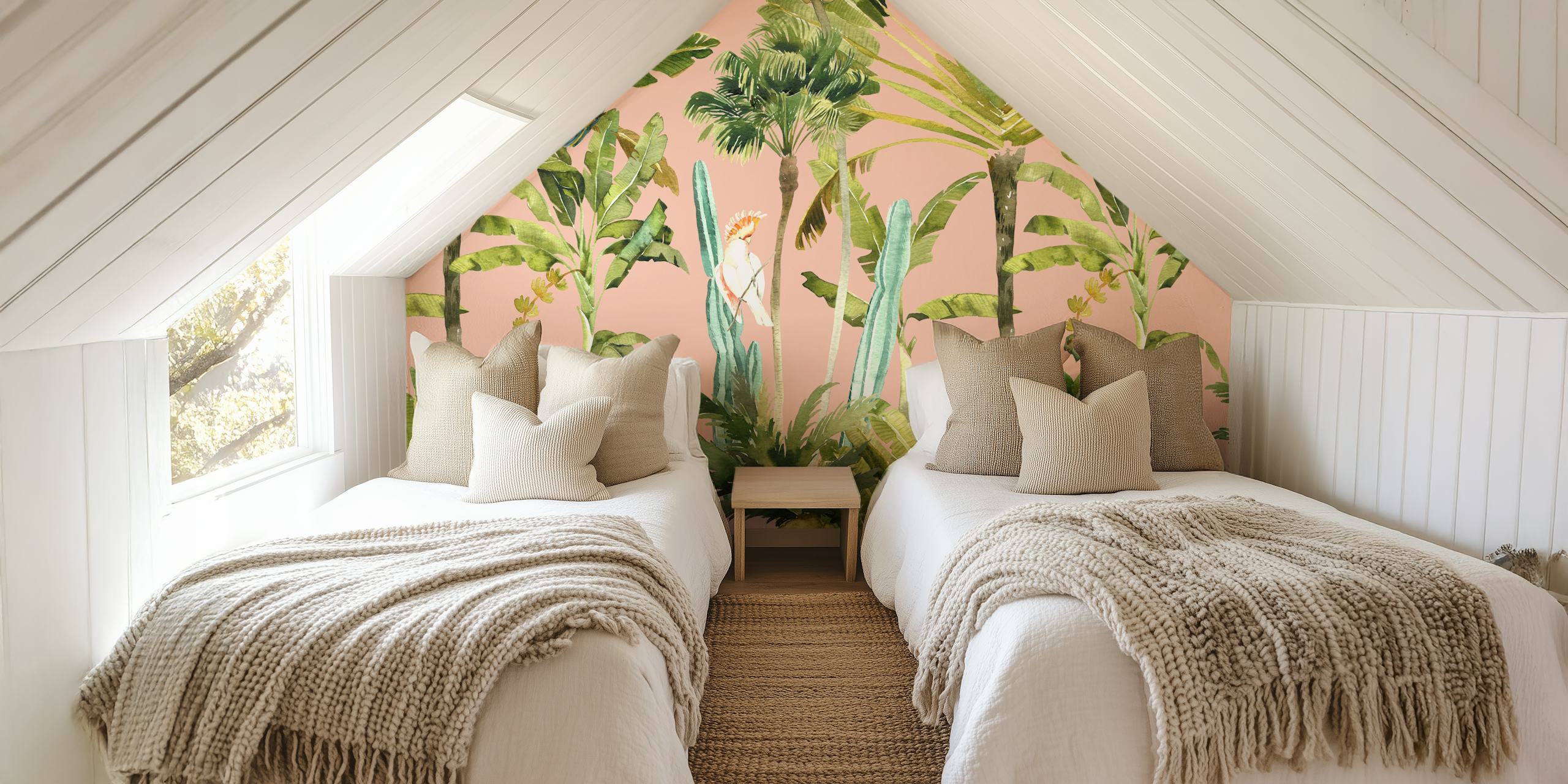 Behang met Birds in Jungle Foliage on Soft Pink in een kamer