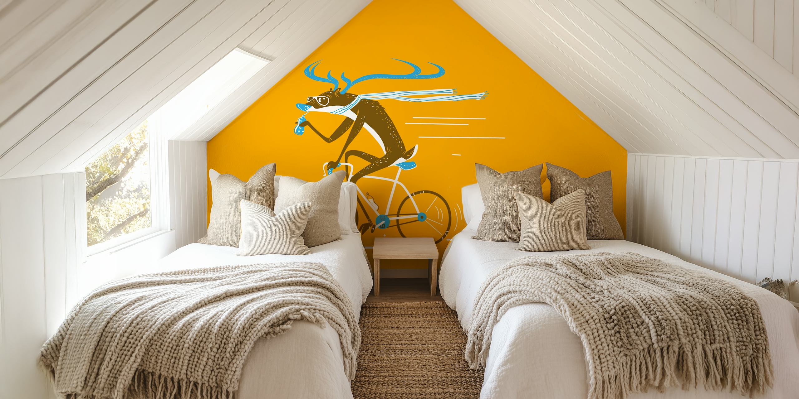 Whimsical deer riding a bike with vibrant yellow background wallpaper