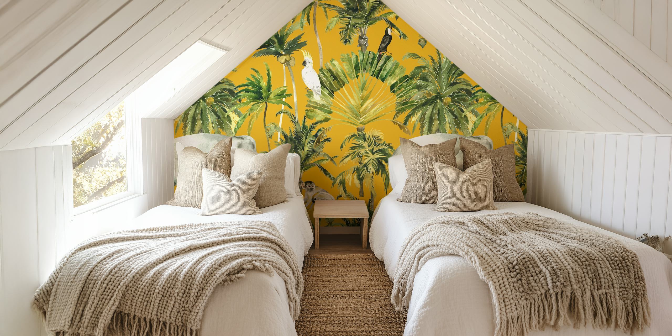 Elephants and cockatoos among palm leaves in vivid yellow wallpaper