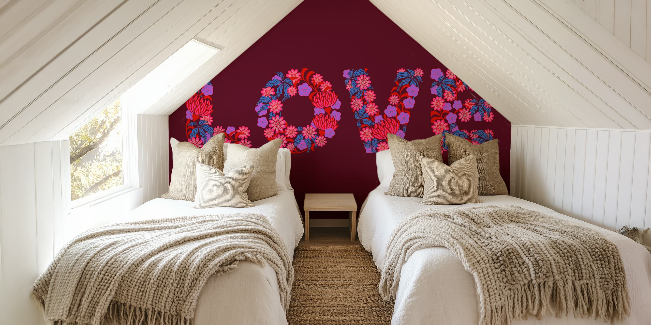 Floral letters spelling 'LOVE' in red and purple flowers wallpaper