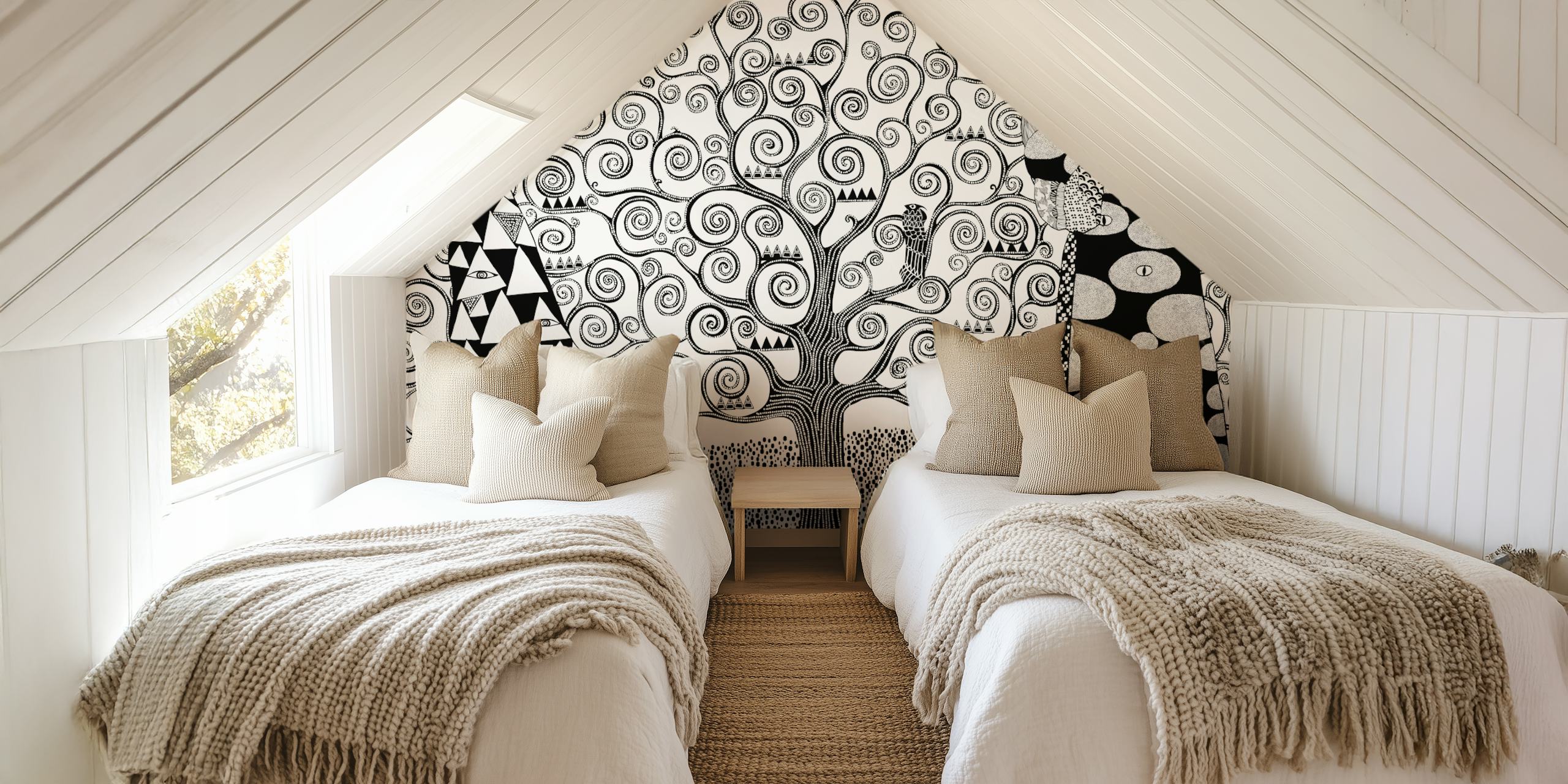 Tree of Life black and white wallpaper in a room