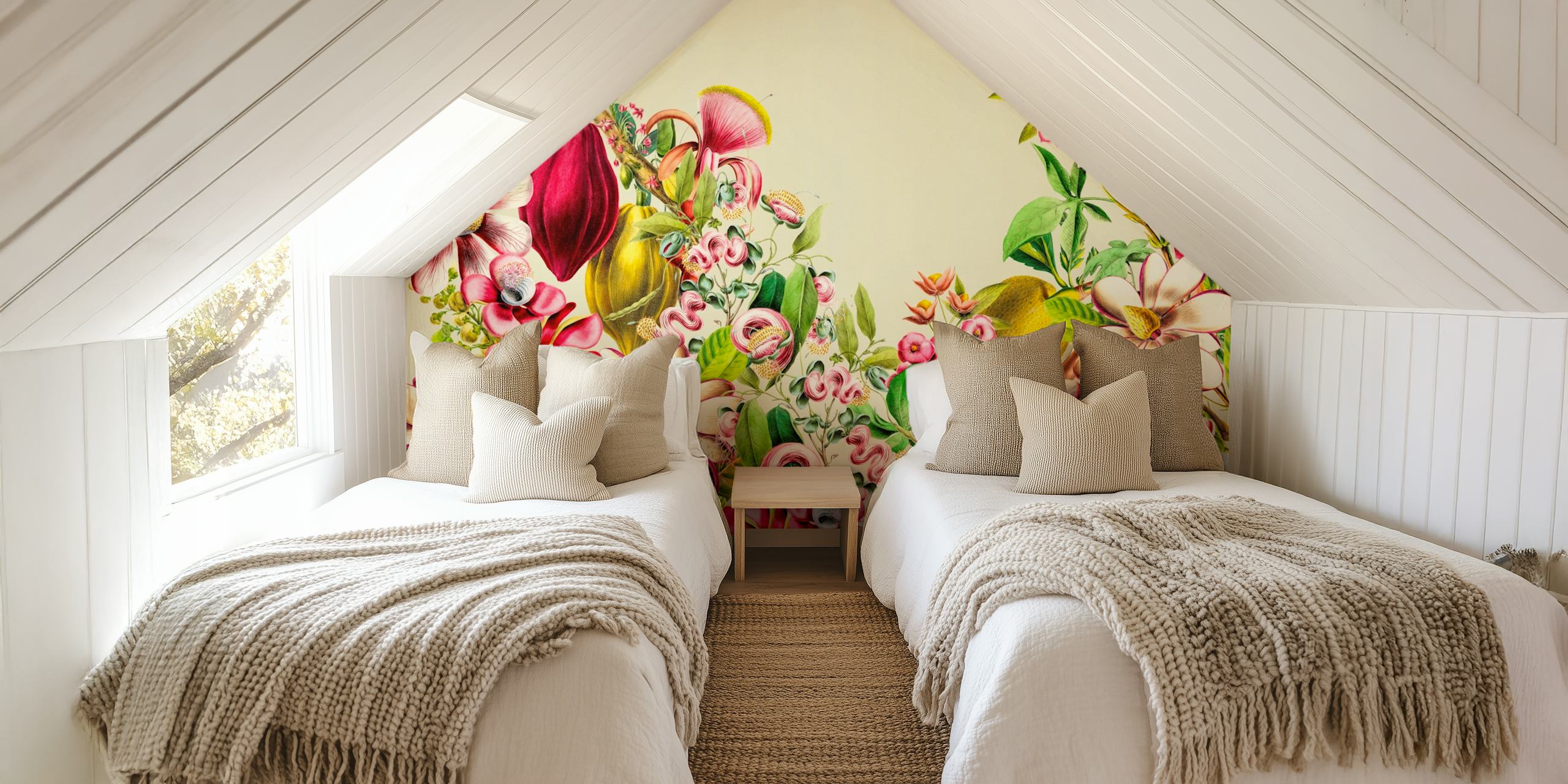 Colorful floral and botanical patterns on beige background wallpaper