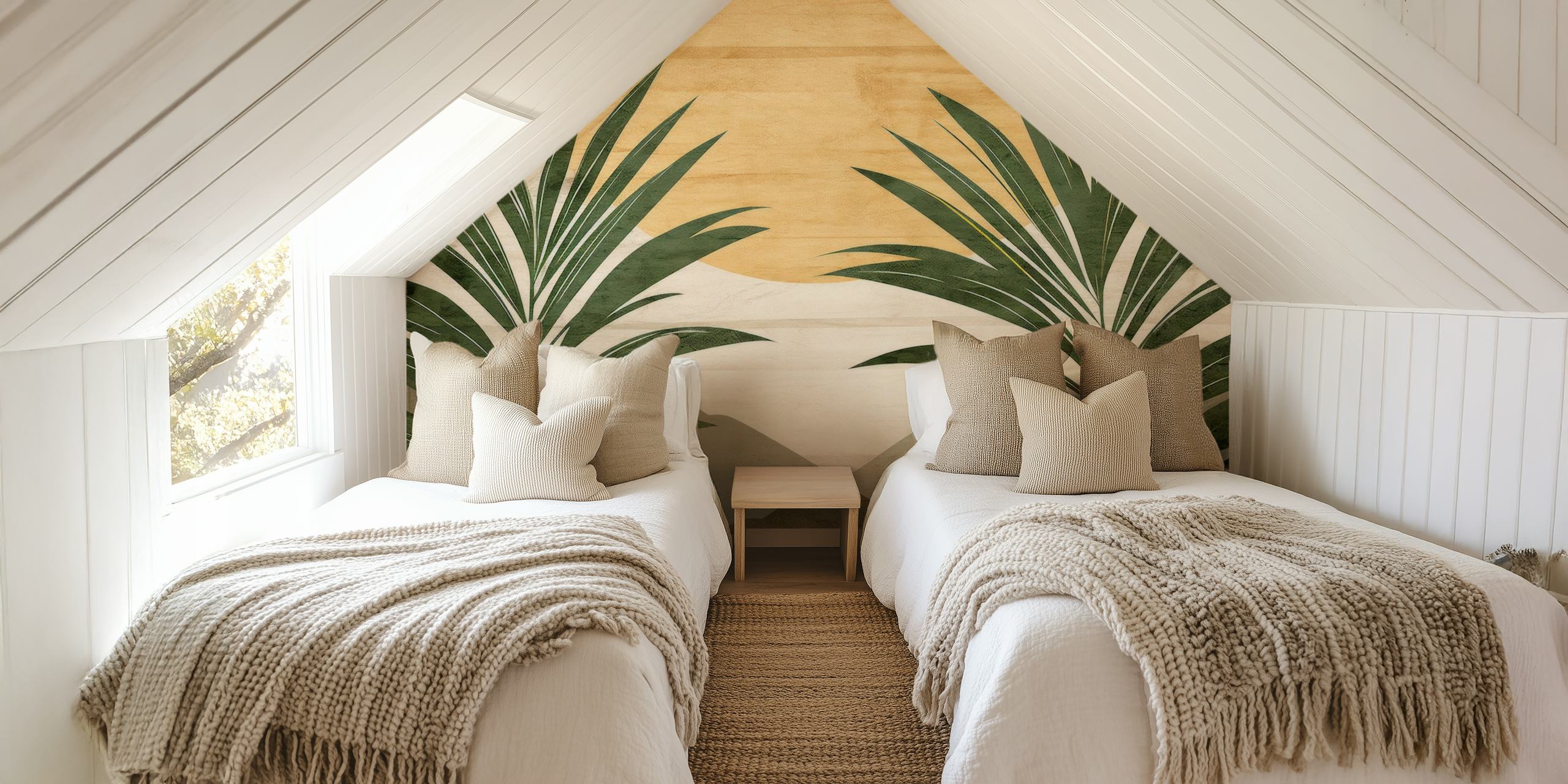 Tropical palm leaves against a warm beige background wallpaper