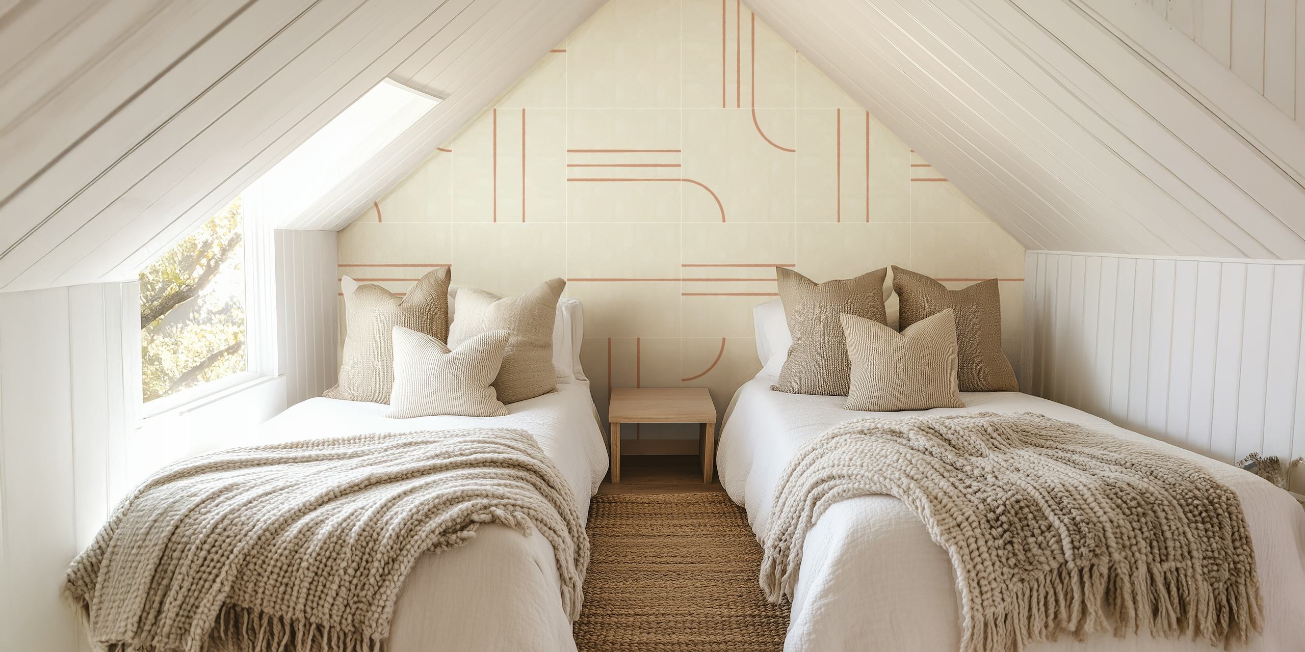 Beige wall mural with minimalist geometric tile pattern design