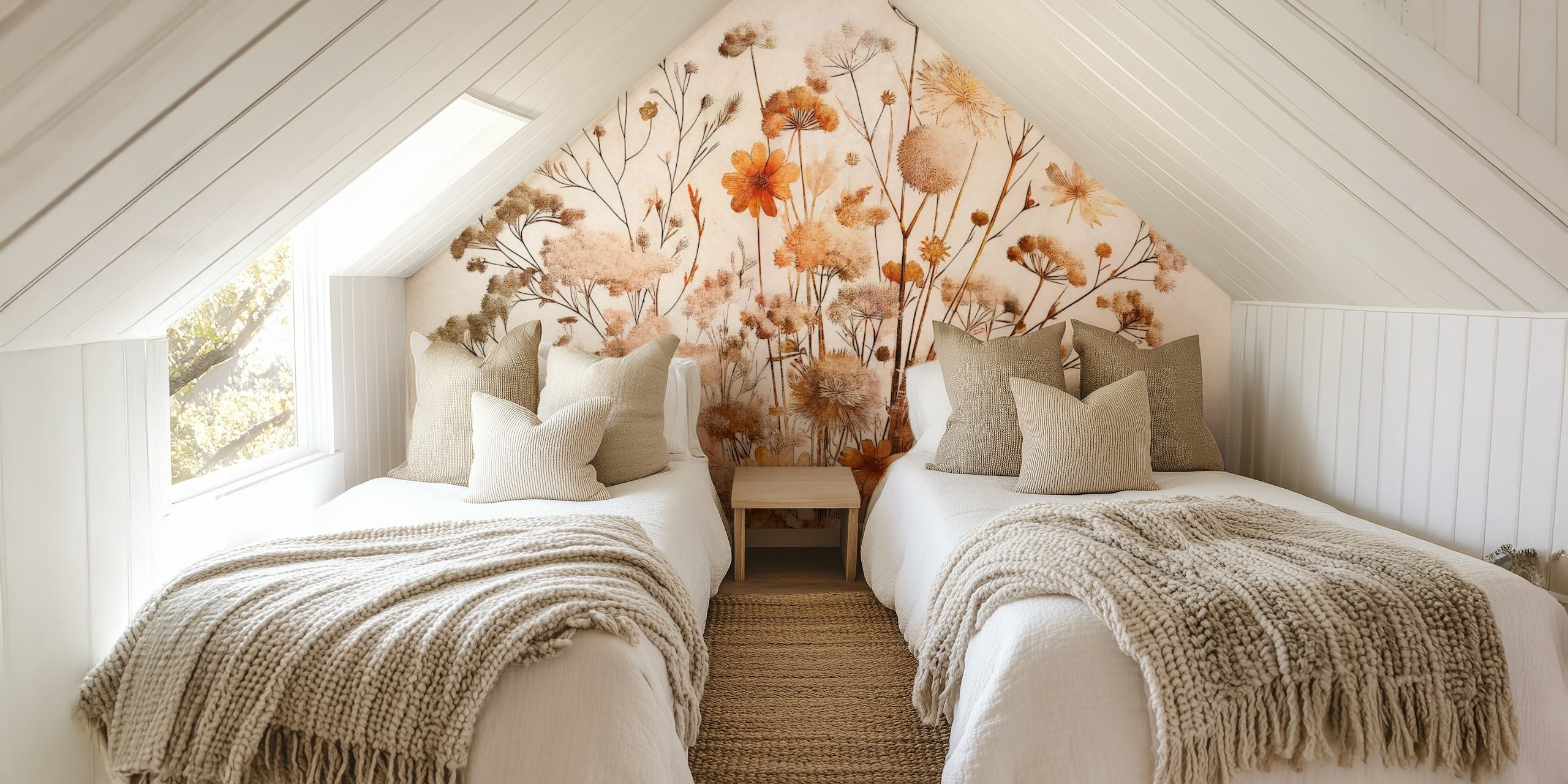 Dried autumn flora with delicate flowers and stems in warm beige and brown tones wallpaper