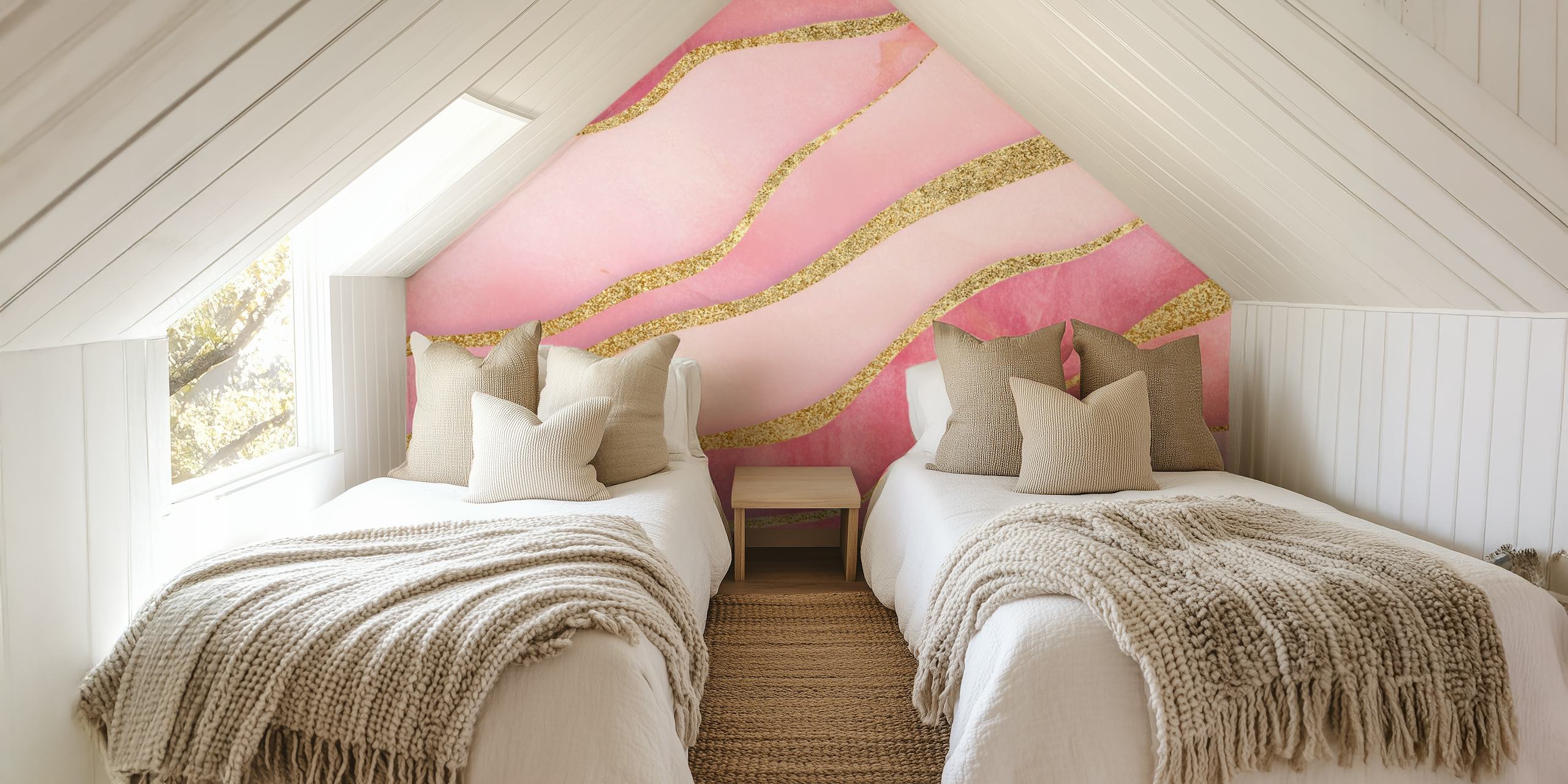 Flowing pink and gold wavy pattern wallpaper