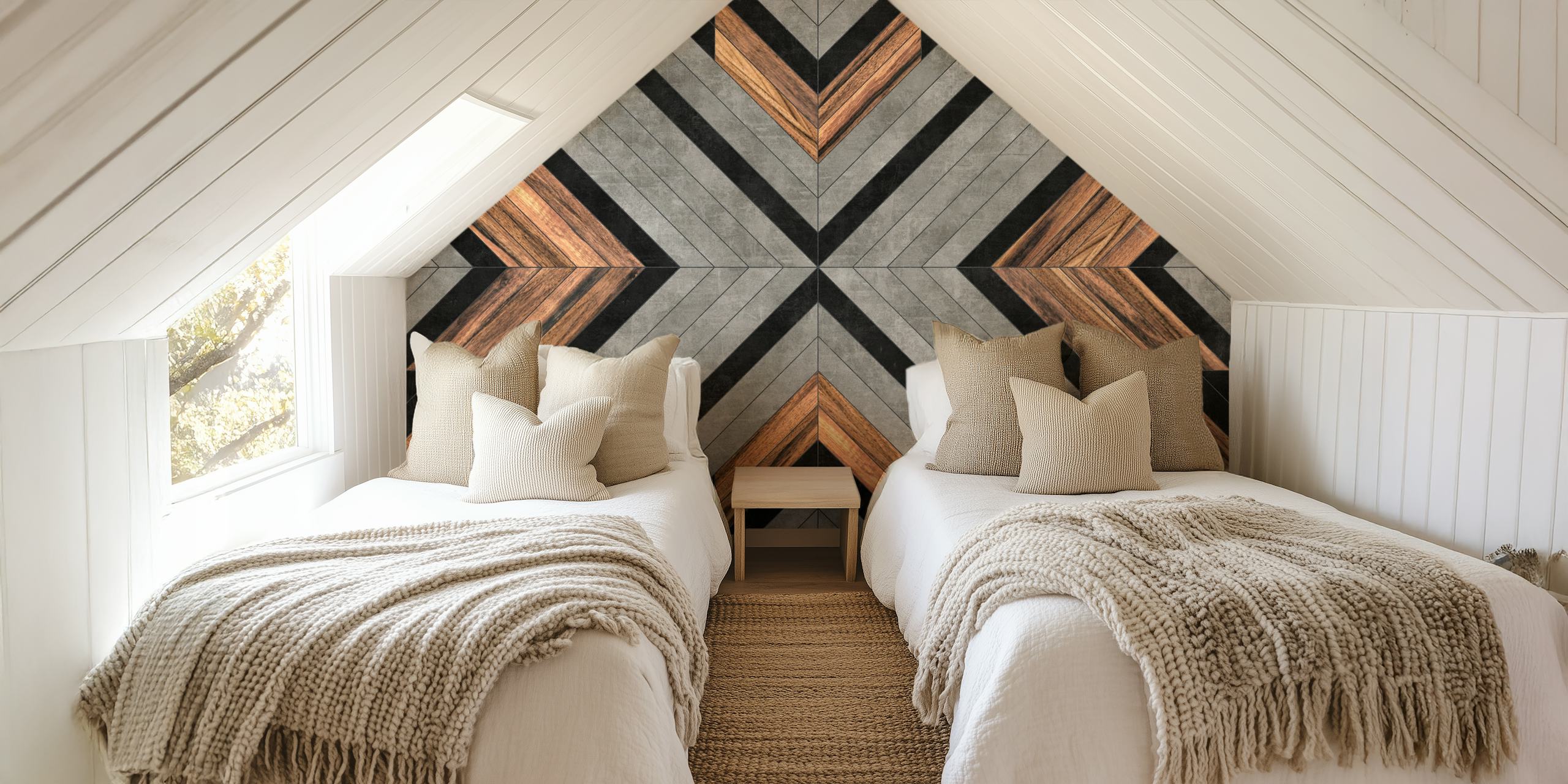 Urban Tribal Pattern No 2 wall mural featuring geometric shapes in black, white, and wood tones