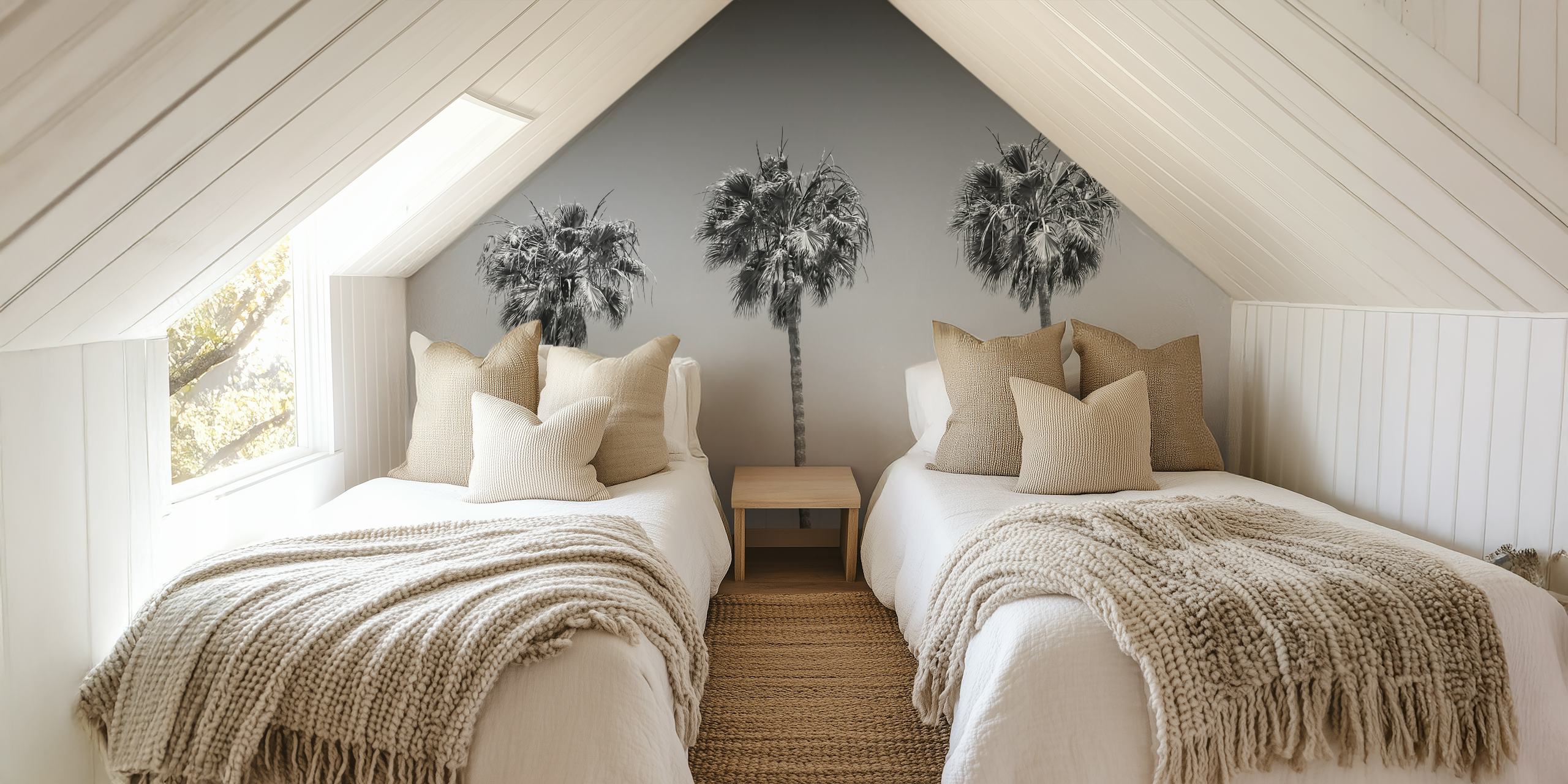 Monochrome palm trees mural in black and white wallpaper