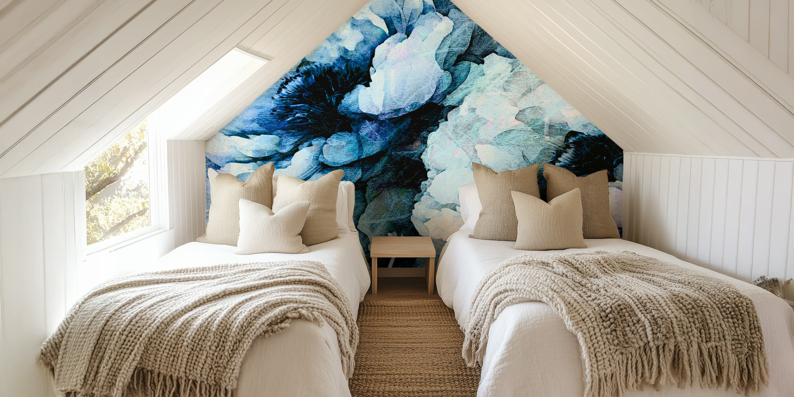 Blue and white abstract floral patterned wallpaper