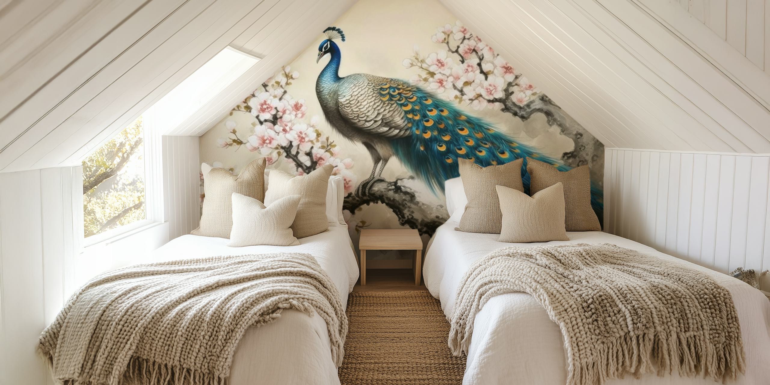 Blue Vintage Peacock Serenity wallpaper in a room