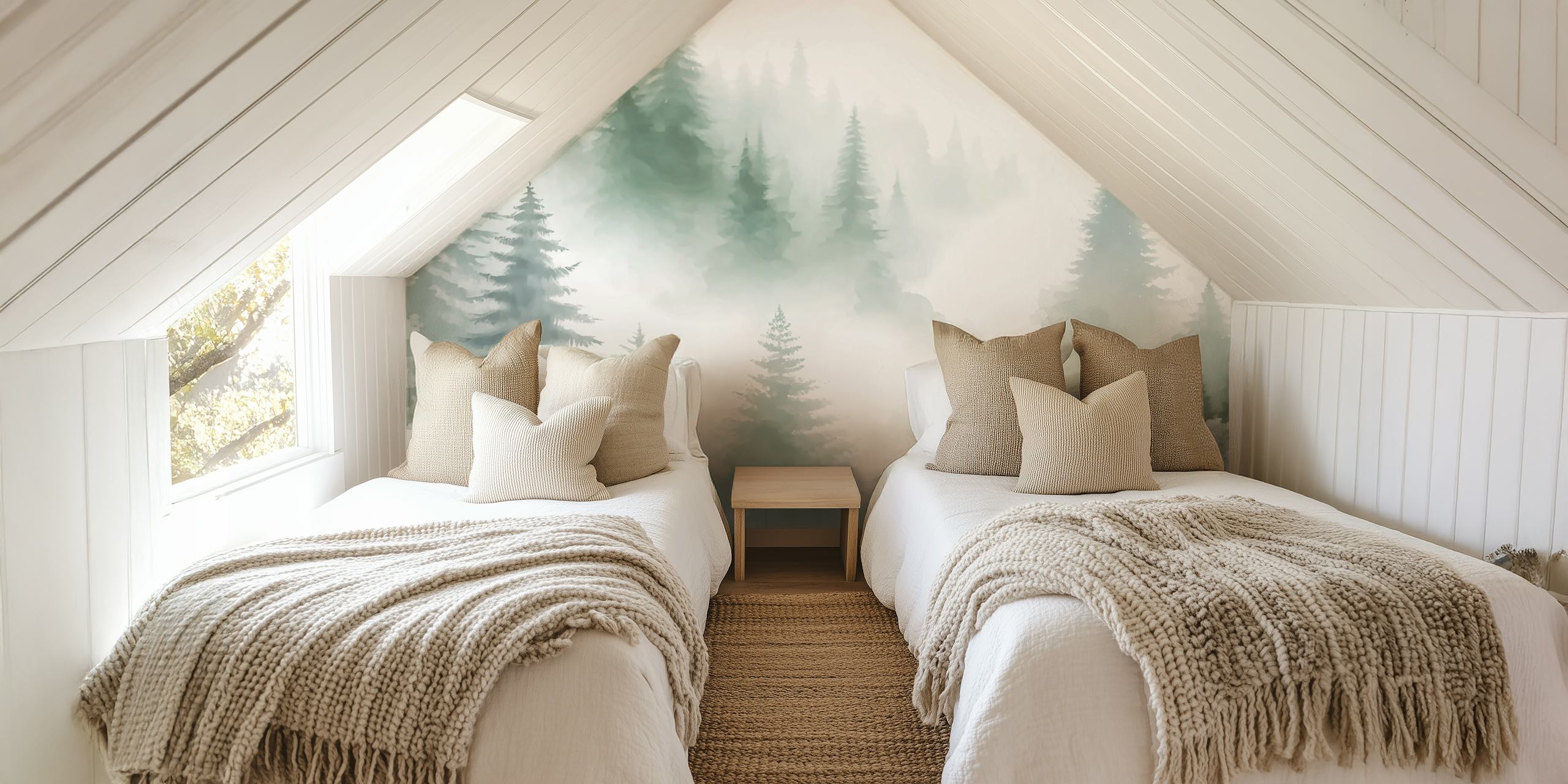 Misty Pine Forest Peaks wallpaper in a room