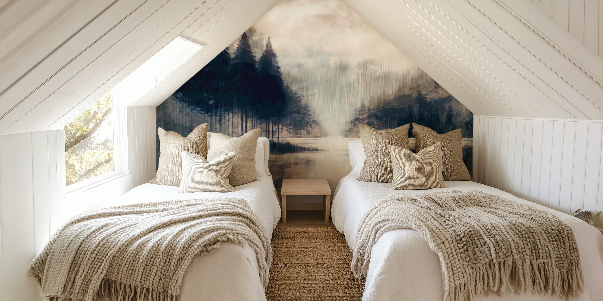 Misty forest landscape with pine trees in deep greens and greys wallpaper