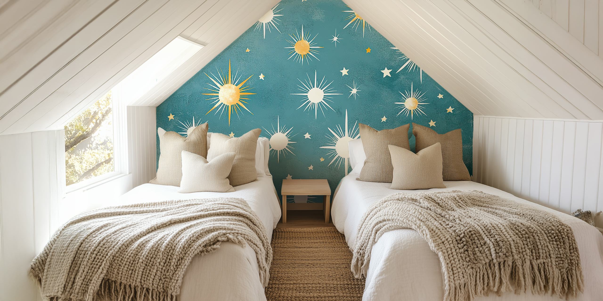 Gold and white star patterns on blue background wallpaper